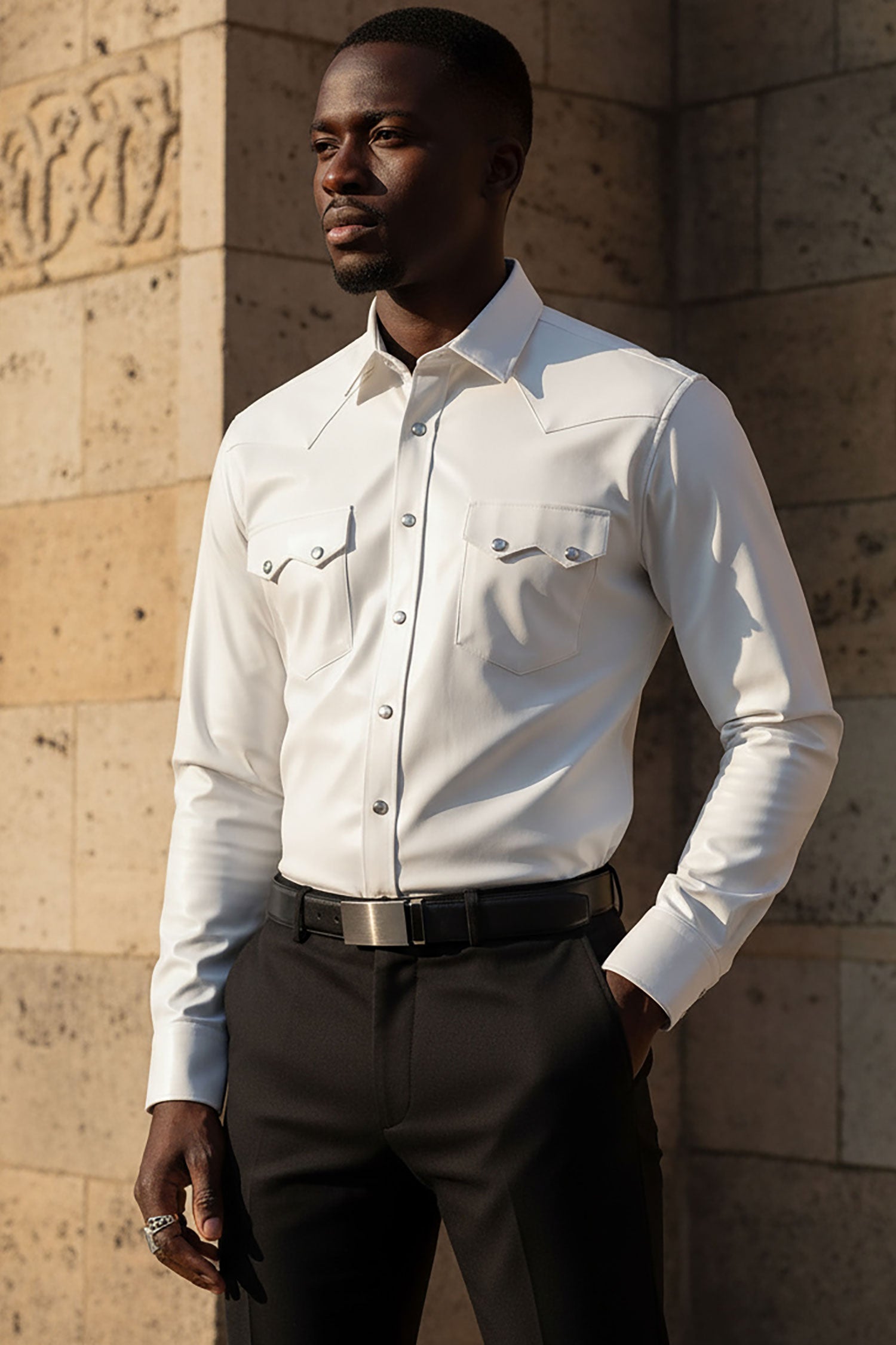 BARABAS Men's Shiny Metallic Stretch Long Sleeve Shirts 3B28 White