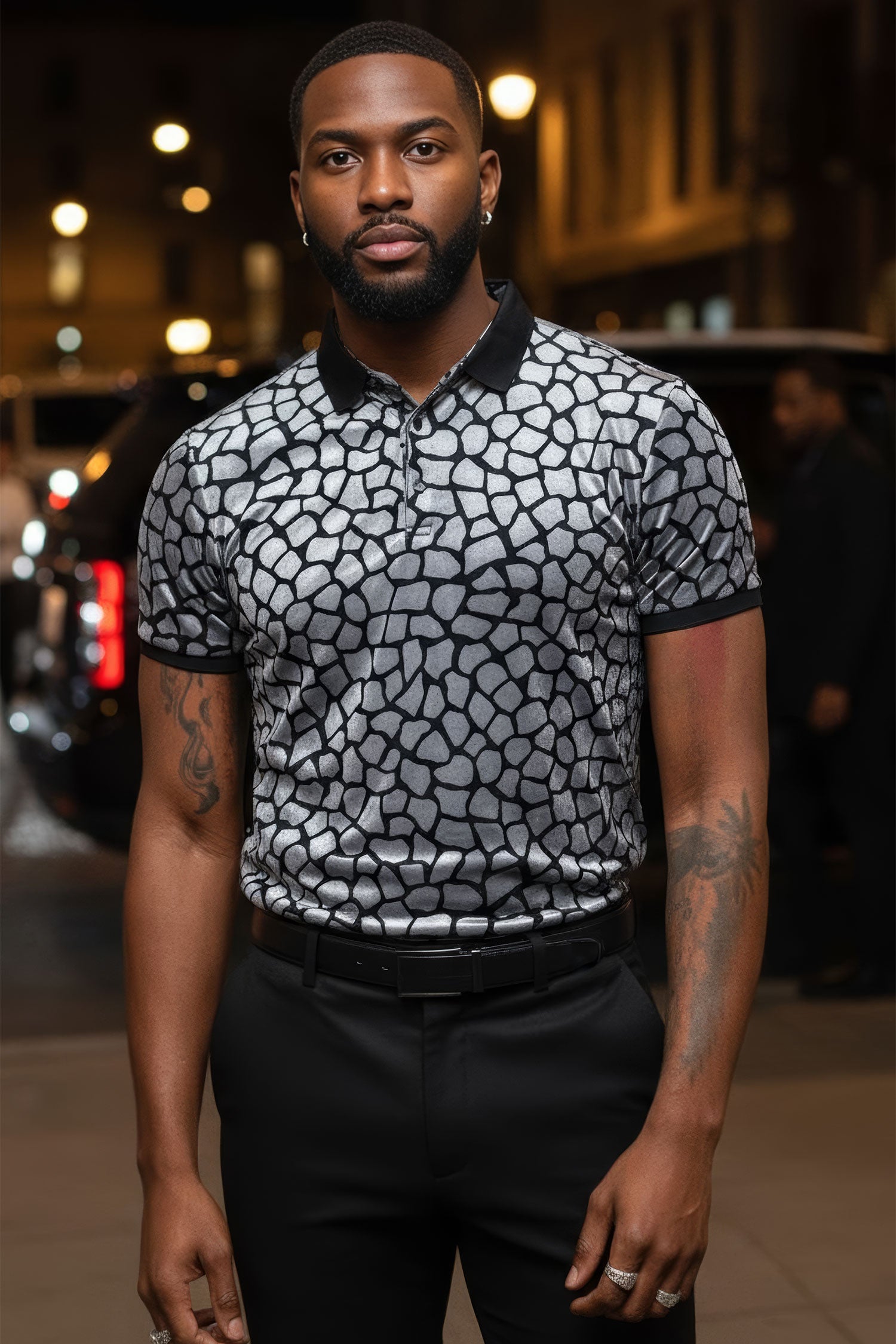 BARABAS Men's Leopard See Through Short Sleeve Polo Shirts 3PP838 Black Silver