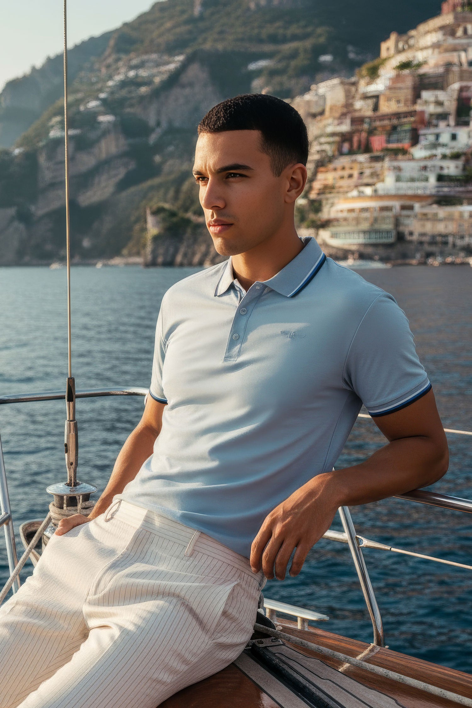 Barabas Men's Solid Color Linear Collar and Cuff Polo Shirts 3PS127 Sky Blue