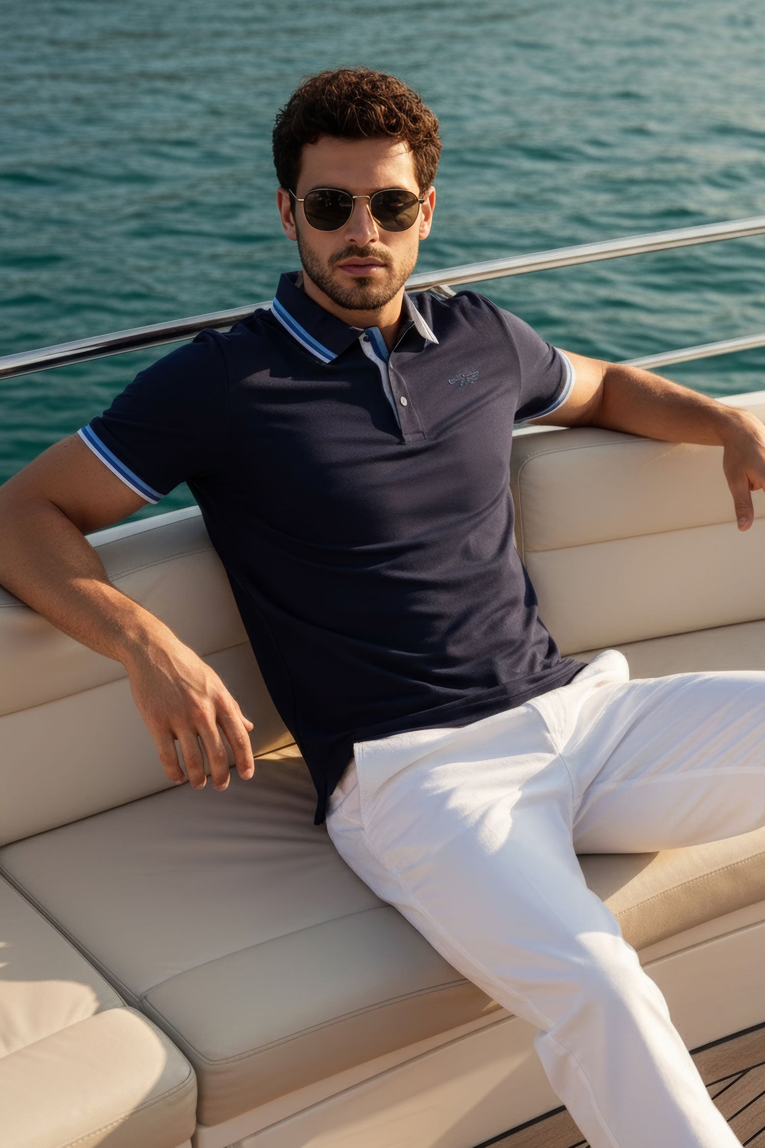 Barabas Men's Solid Color Linear Collar and Cuff Polo Shirts 3PS127 Navy