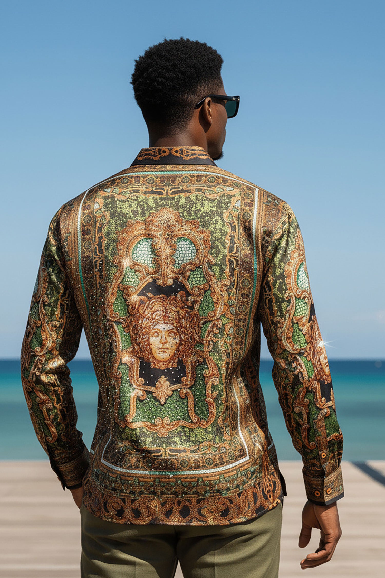 BARABAS Men's Rhinestone Medusa Long Sleeve Shirts 3SPR429 Olive