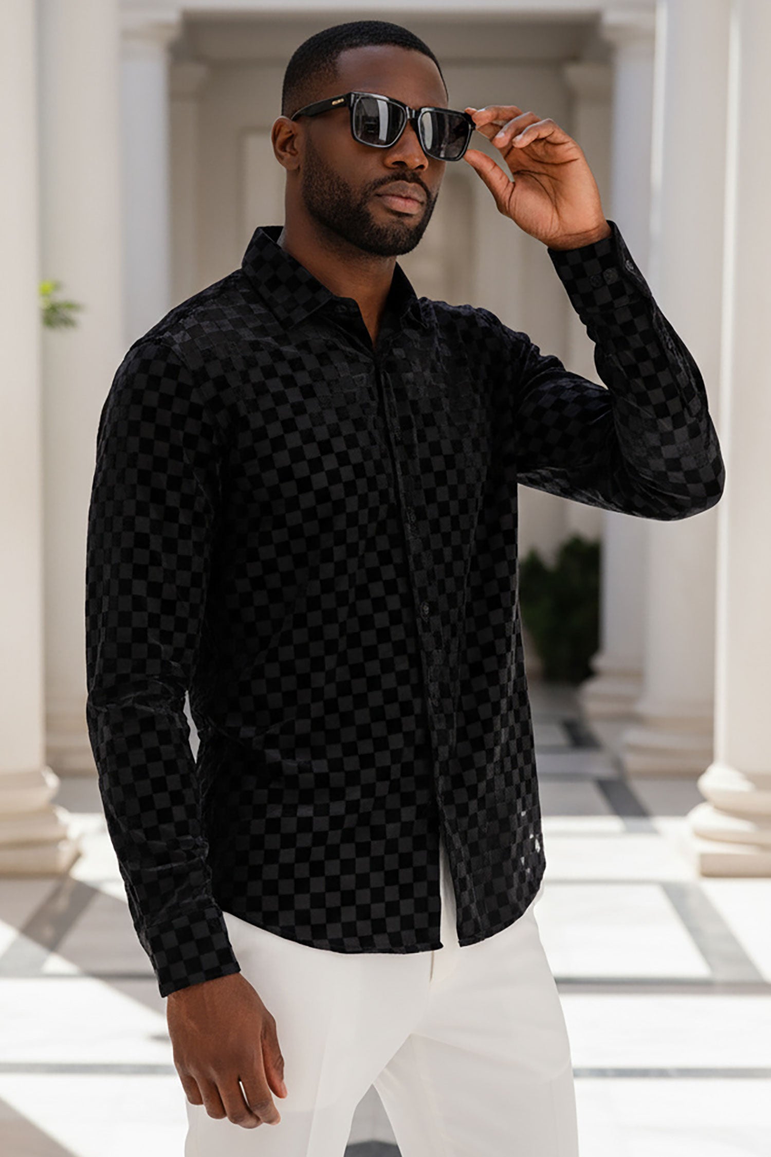 BARABAS Men's See Through Checkered Long Sleeve Shirt 3SVL23 Black