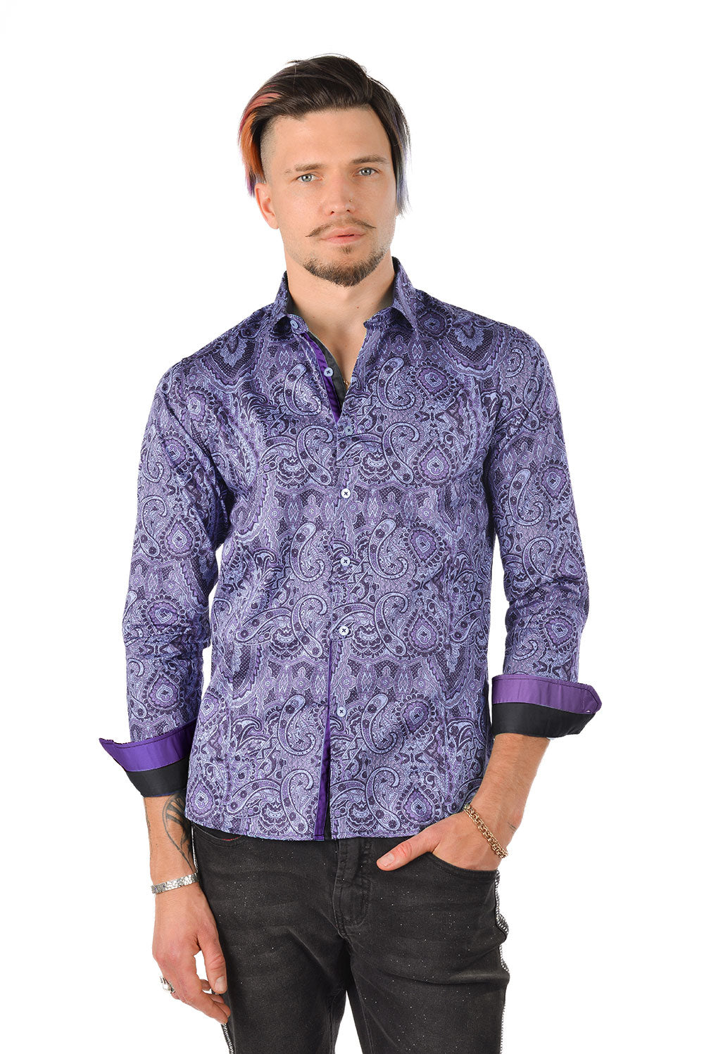 BARABAS men's printed paisley blue green button down dress Shirt 4501 Grey