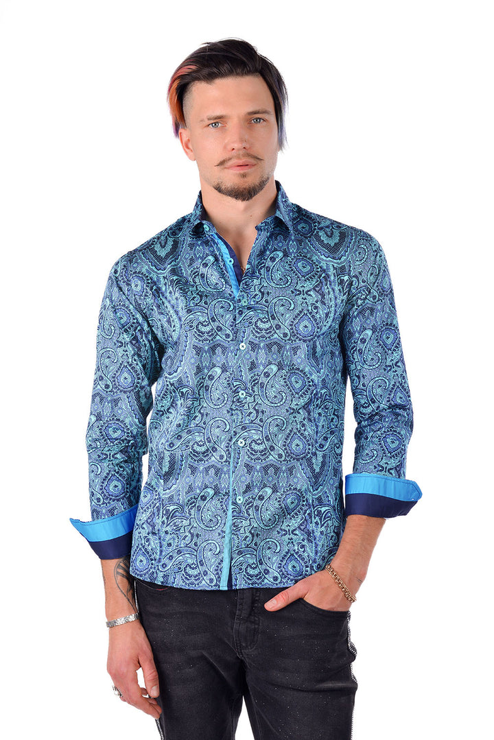 BARABAS men's printed paisley blue green button down dress Shirt 4501 Teal