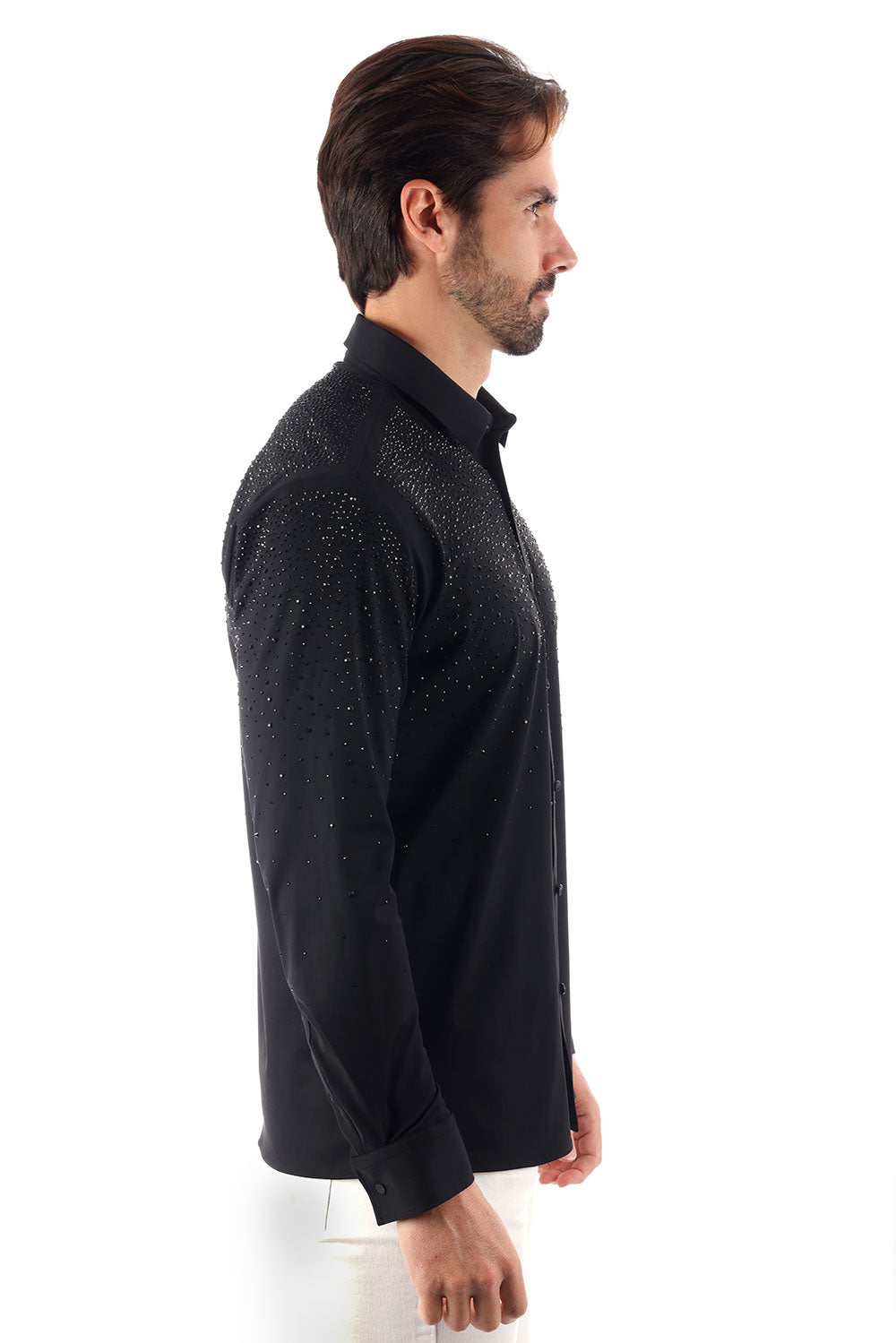 BARABAS Men's Rhinestones Jewels Long Sleeve Shirt 4B06 Black Silver