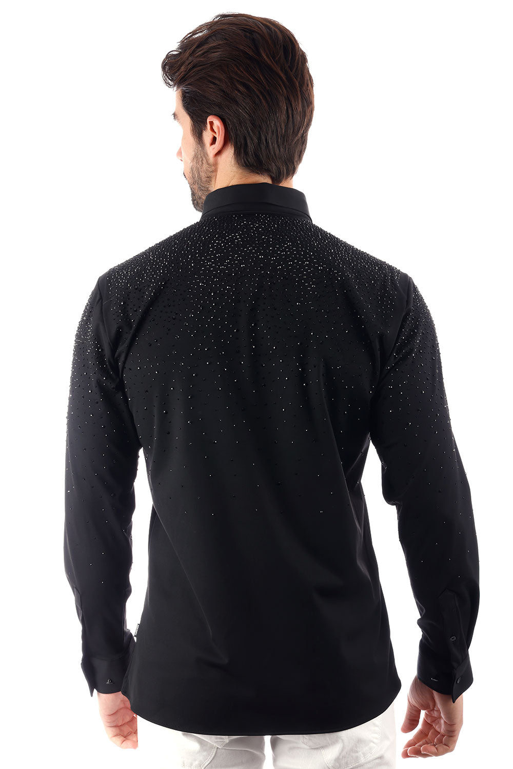 BARABAS Men's Rhinestones Jewels Long Sleeve Shirt 4B06 Black