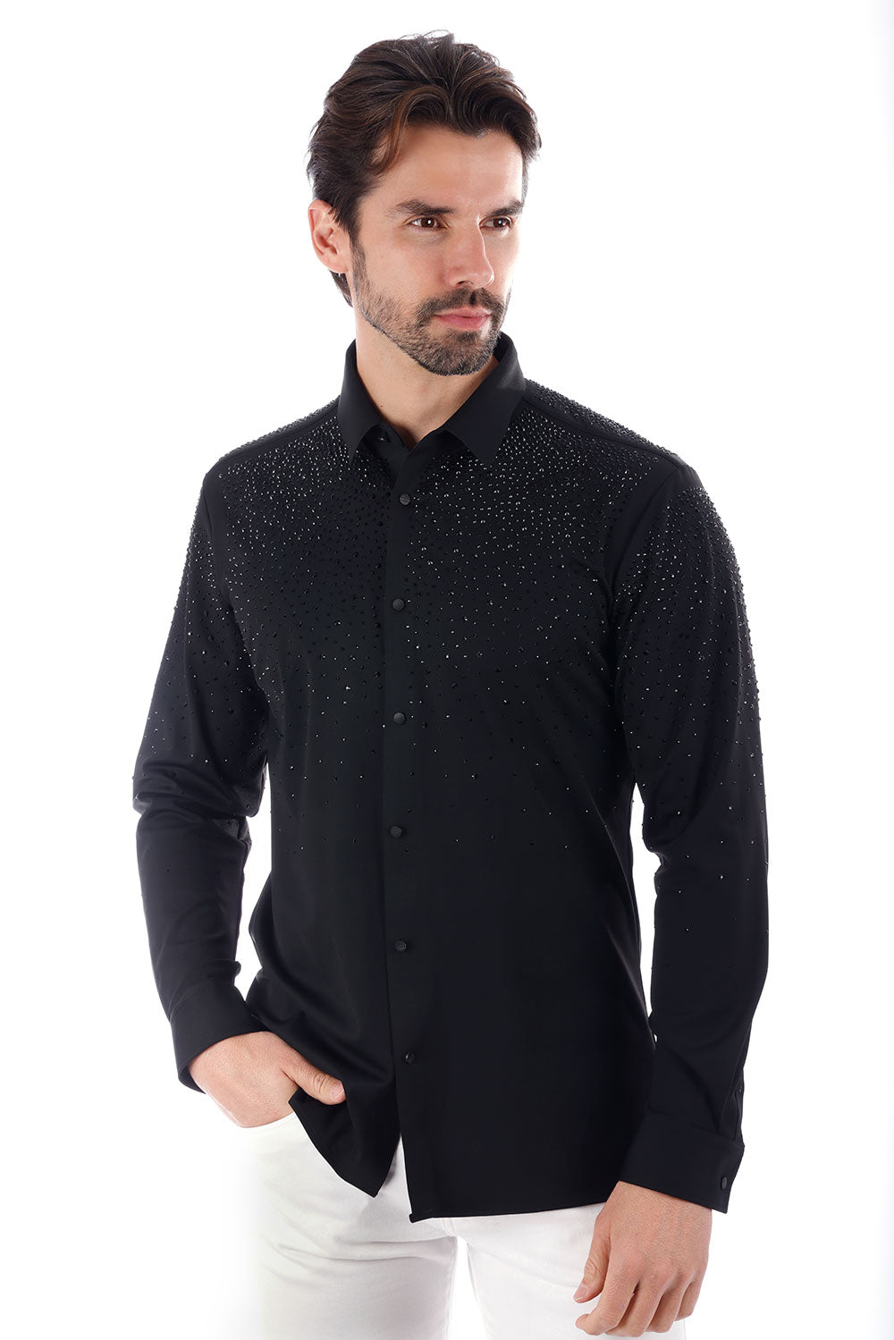 BARABAS Men's Rhinestones Jewels Long Sleeve Shirt 4B06 Black