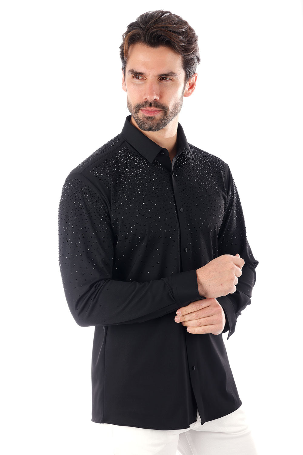 BARABAS Men's Rhinestones Jewels Long Sleeve Shirt 4B06 Black