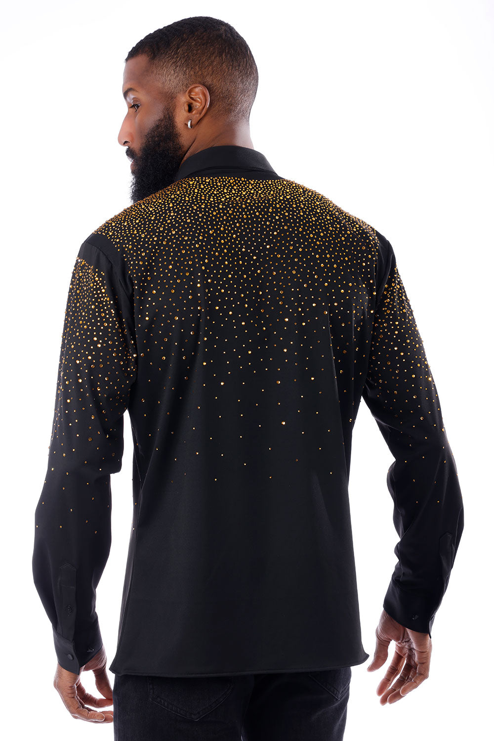 BARABAS Men's Rhinestones Jewels Long Sleeve Shirt 4B06 Black Gold