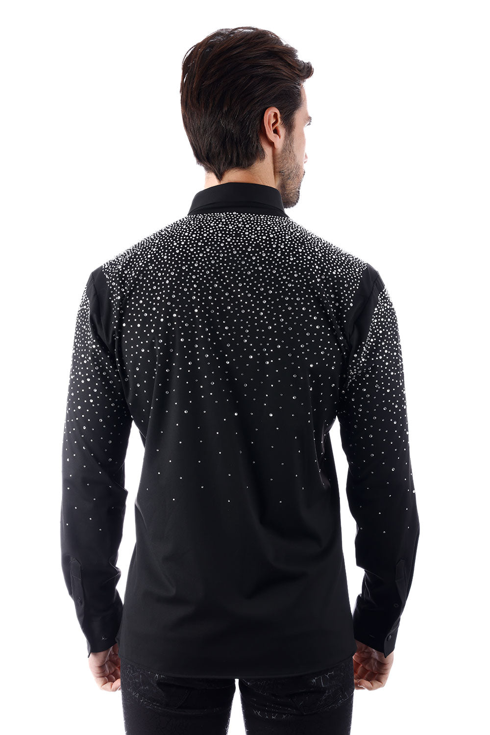 BARABAS Men's Rhinestones Jewels Long Sleeve Shirt 4B06 Black Silver