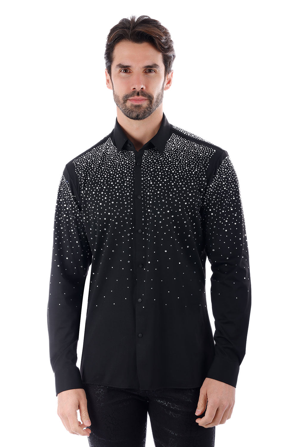 BARABAS Men's Rhinestones Jewels Long Sleeve Shirt 4B06 Black Silver