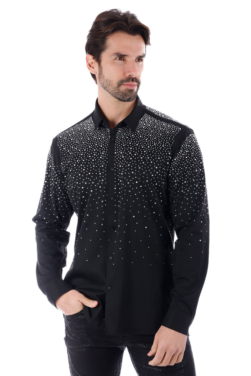 BARABAS Men's Rhinestones Jewels Long Sleeve Shirt 4B06 Black Silver