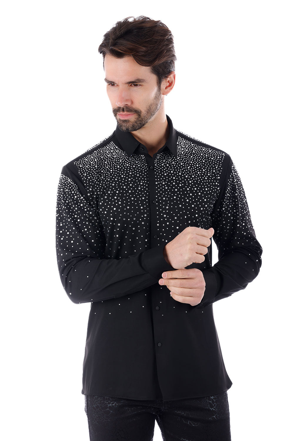 BARABAS Men's Rhinestones Jewels Long Sleeve Shirt 4B06 Black Silver