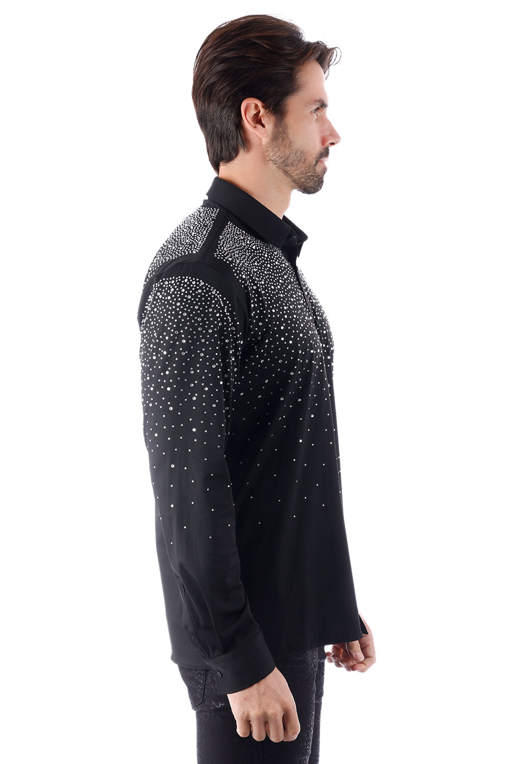 BARABAS Men's Rhinestones Jewels Long Sleeve Shirt 4B06 Black Silver