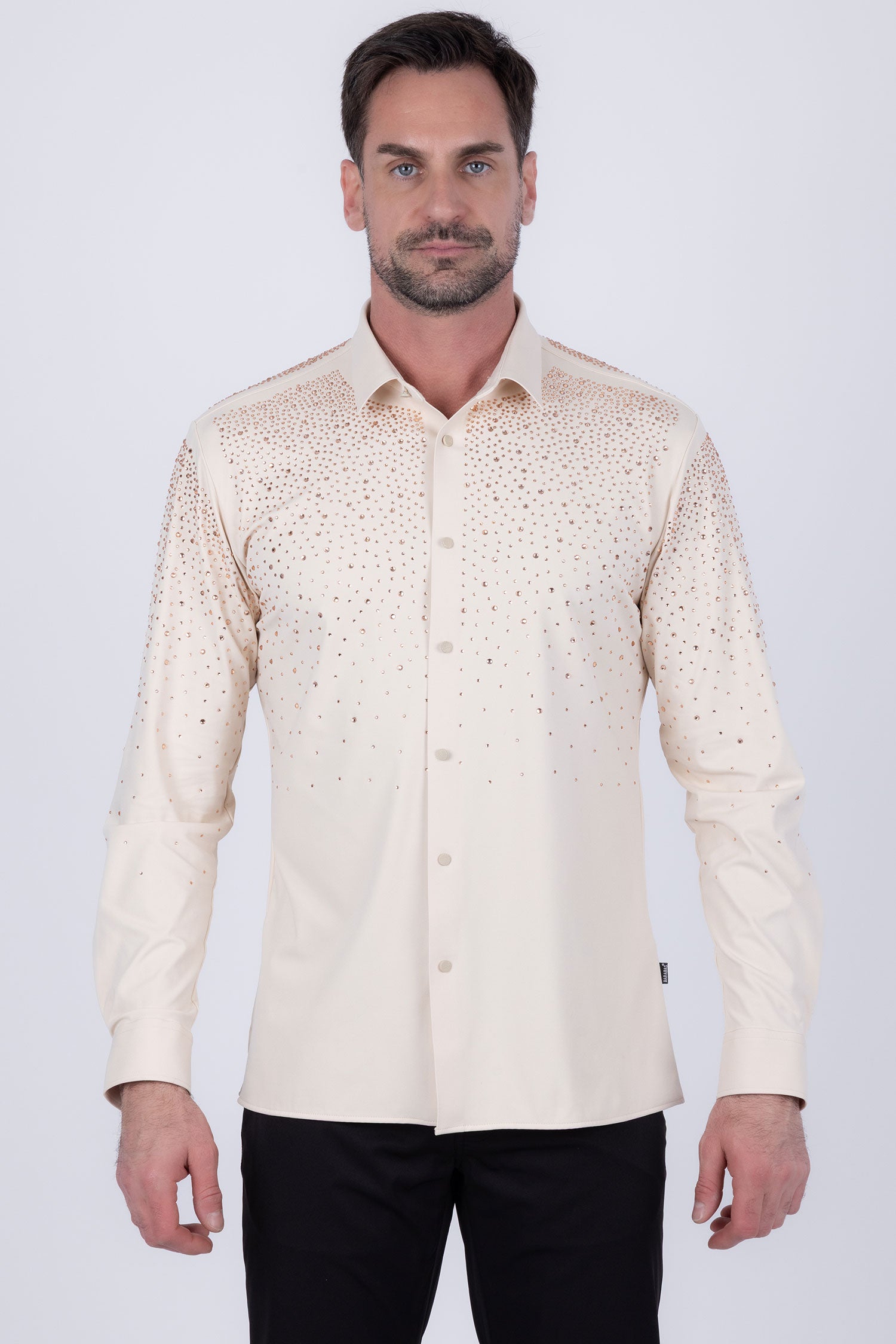 Barabas Men's Rhinestones Jewels Long Sleeve Shirt 4B06 Cream