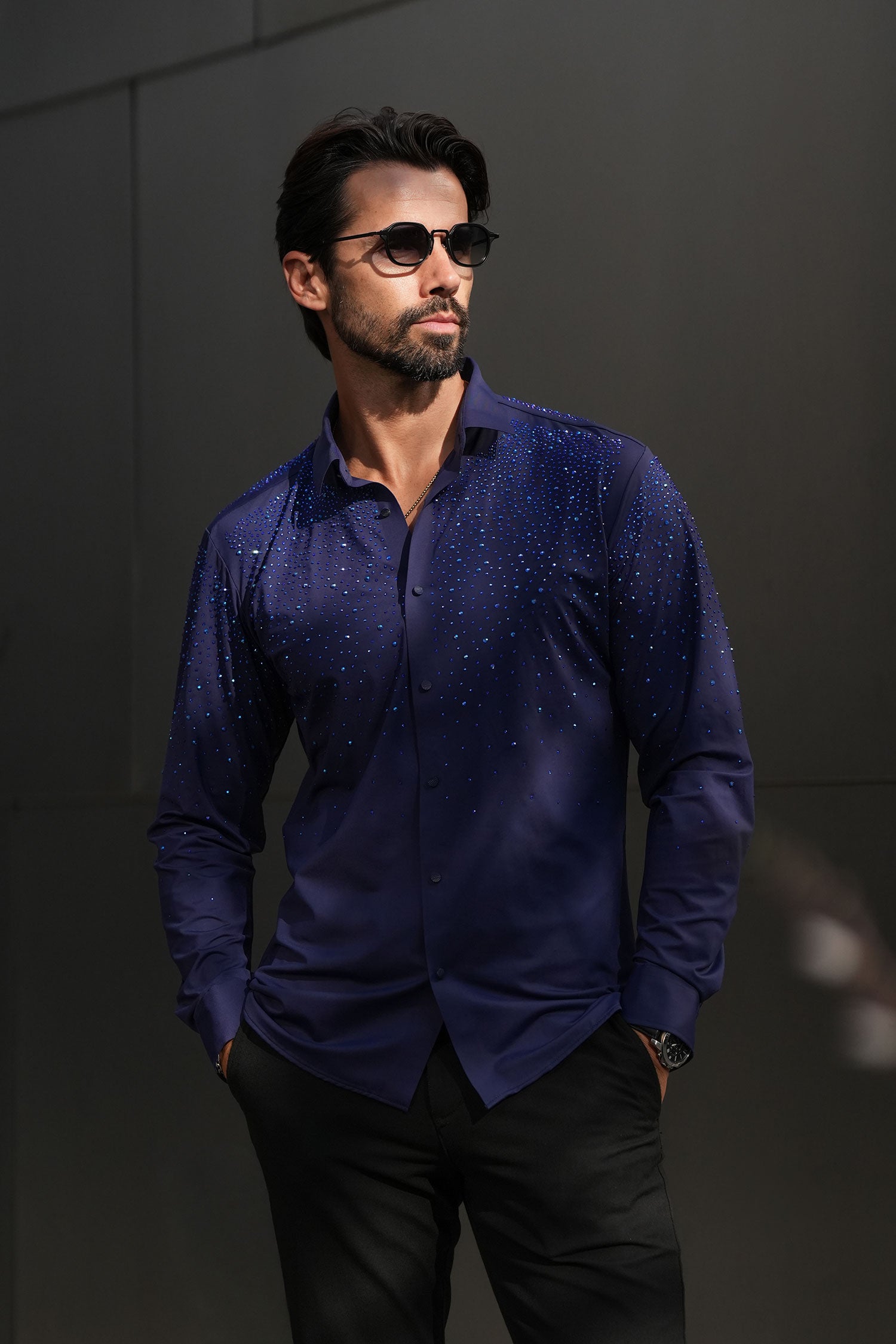 BARABAS Men's Rhinestones Jewels Long Sleeve Shirt 4B06 Navy Multi Blue