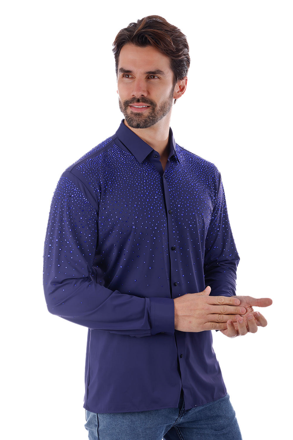 BARABAS Men's Rhinestones Jewels Long Sleeve Shirt 4B06 Navy Multi Blue