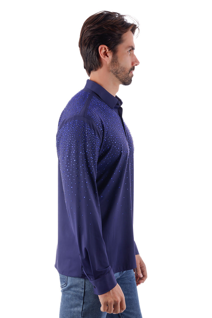 BARABAS Men's Rhinestones Jewels Long Sleeve Shirt 4B06 Navy Multi Blue