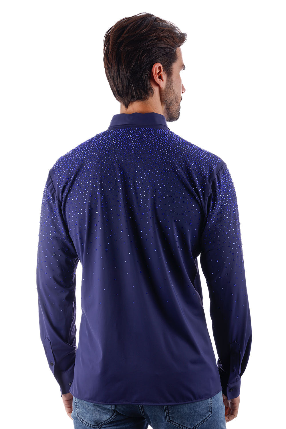 BARABAS Men's Rhinestones Jewels Long Sleeve Shirt 4B06 Navy Multi Blue