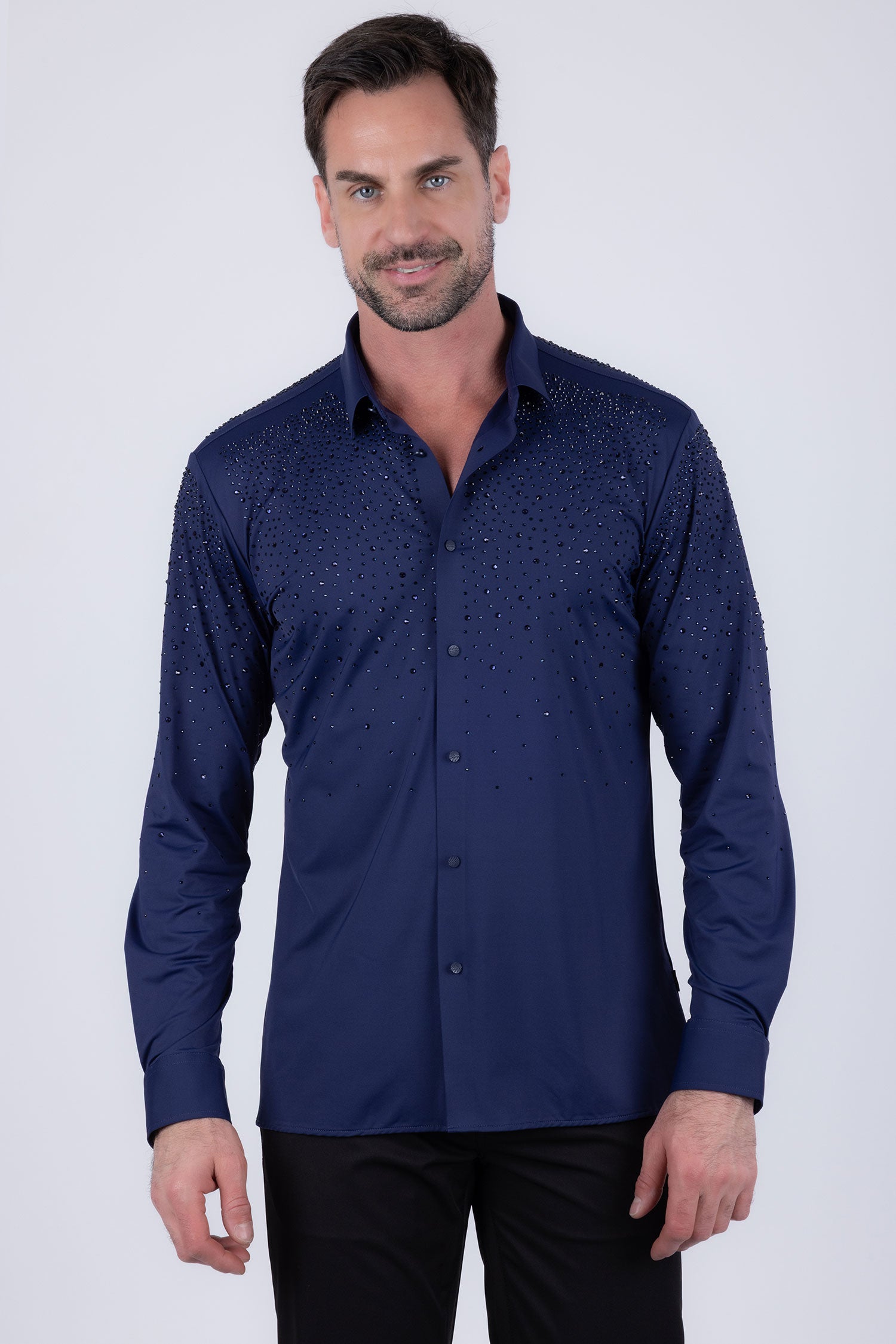Barabas Men's Rhinestones Jewels Long Sleeve Shirt 4B06 Navy
