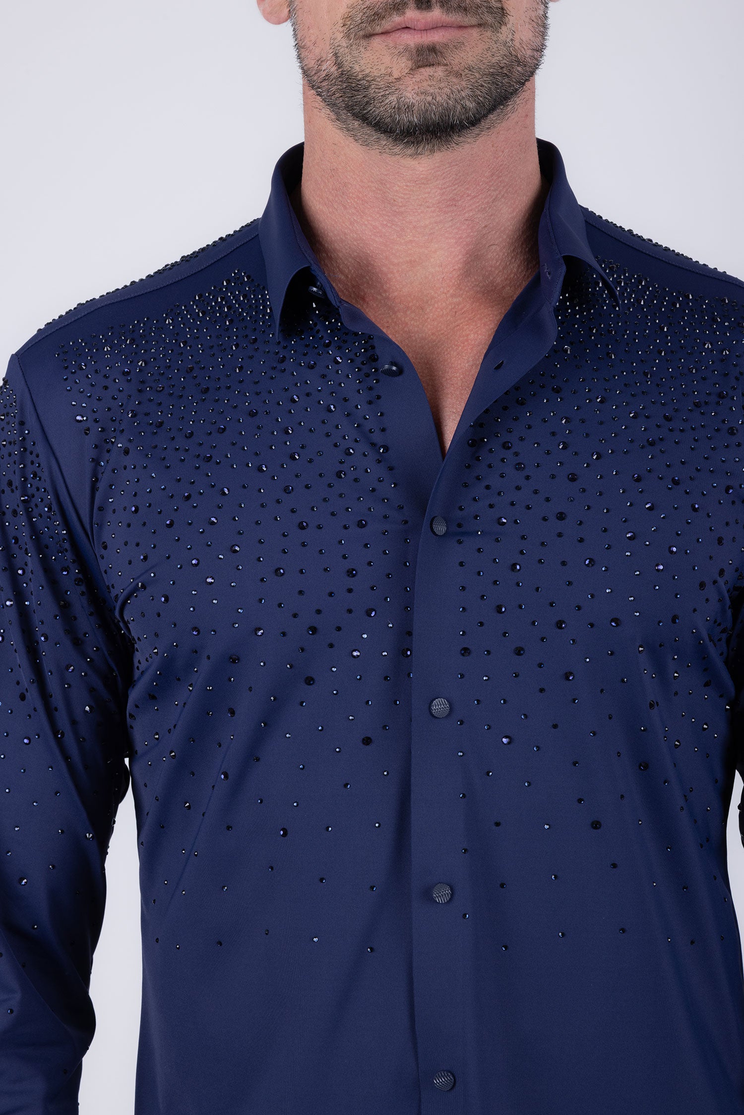 Barabas Men's Rhinestones Jewels Long Sleeve Shirt 4B06 Navy