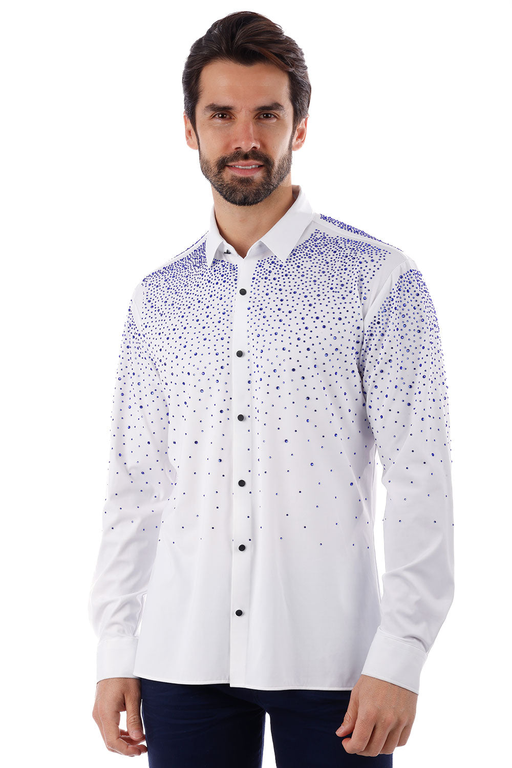 BARABAS Men's Rhinestones Jewels Long Sleeve Shirt 4B06 White Blue