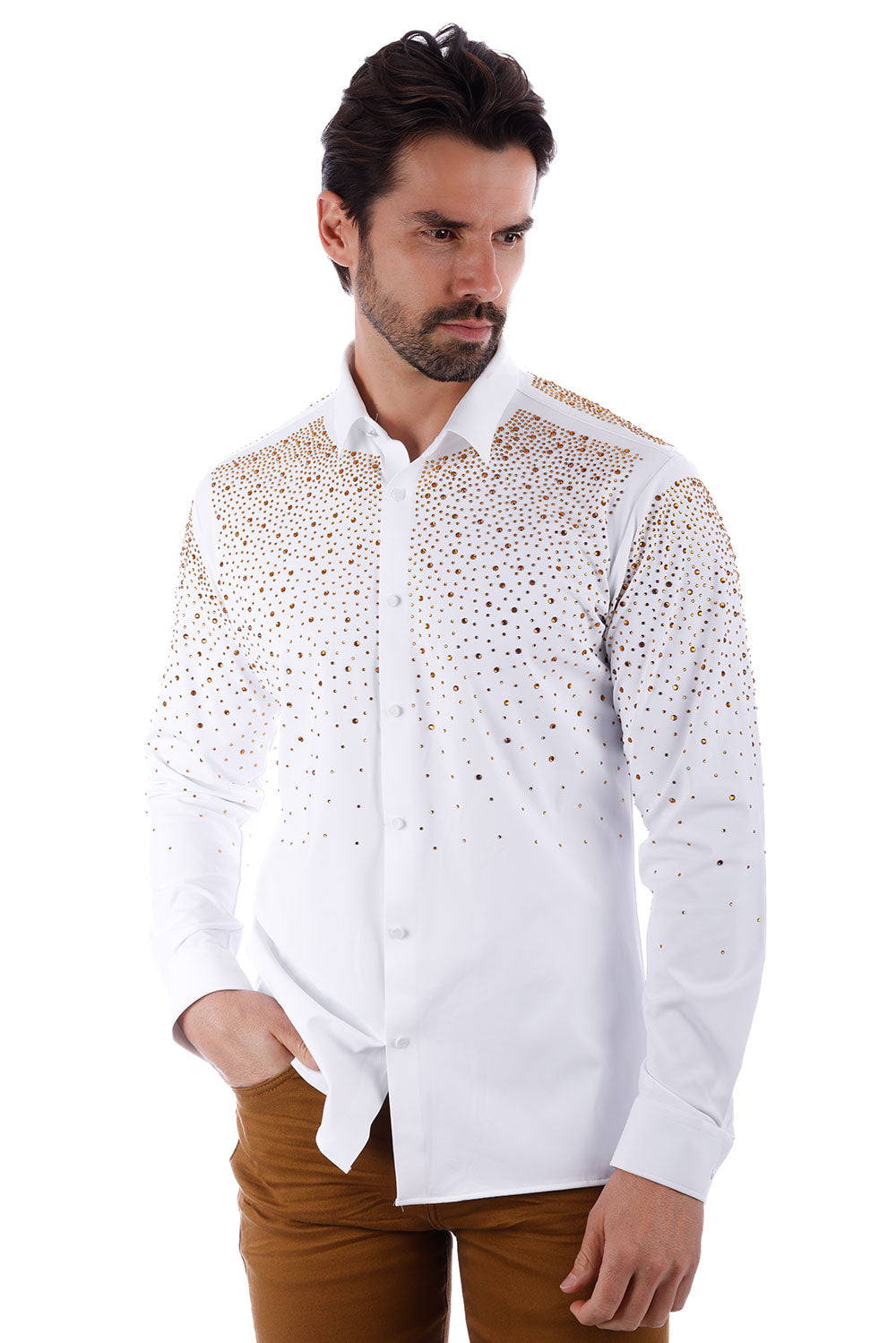 BARABAS Men's Rhinestones Jewels Long Sleeve Shirt 4B06 Gold