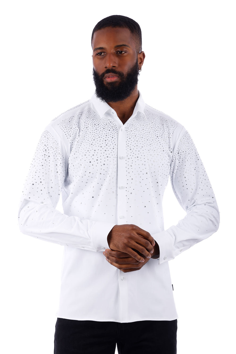 BARABAS Men's Rhinestones Jewels Long Sleeve Shirt 4B06 White SIlver