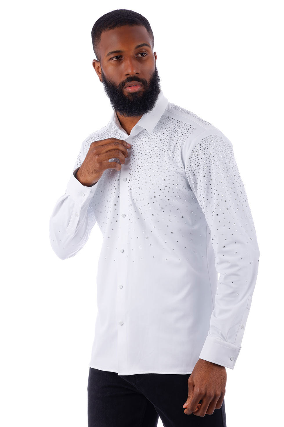 BARABAS Men's Rhinestones Jewels Long Sleeve Shirt 4B06 White SIlver
