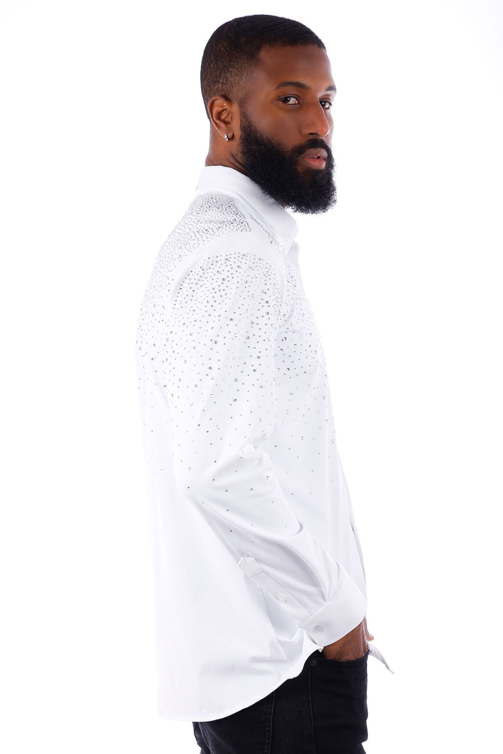 BARABAS Men's Rhinestones Jewels Long Sleeve Shirt 4B06 White