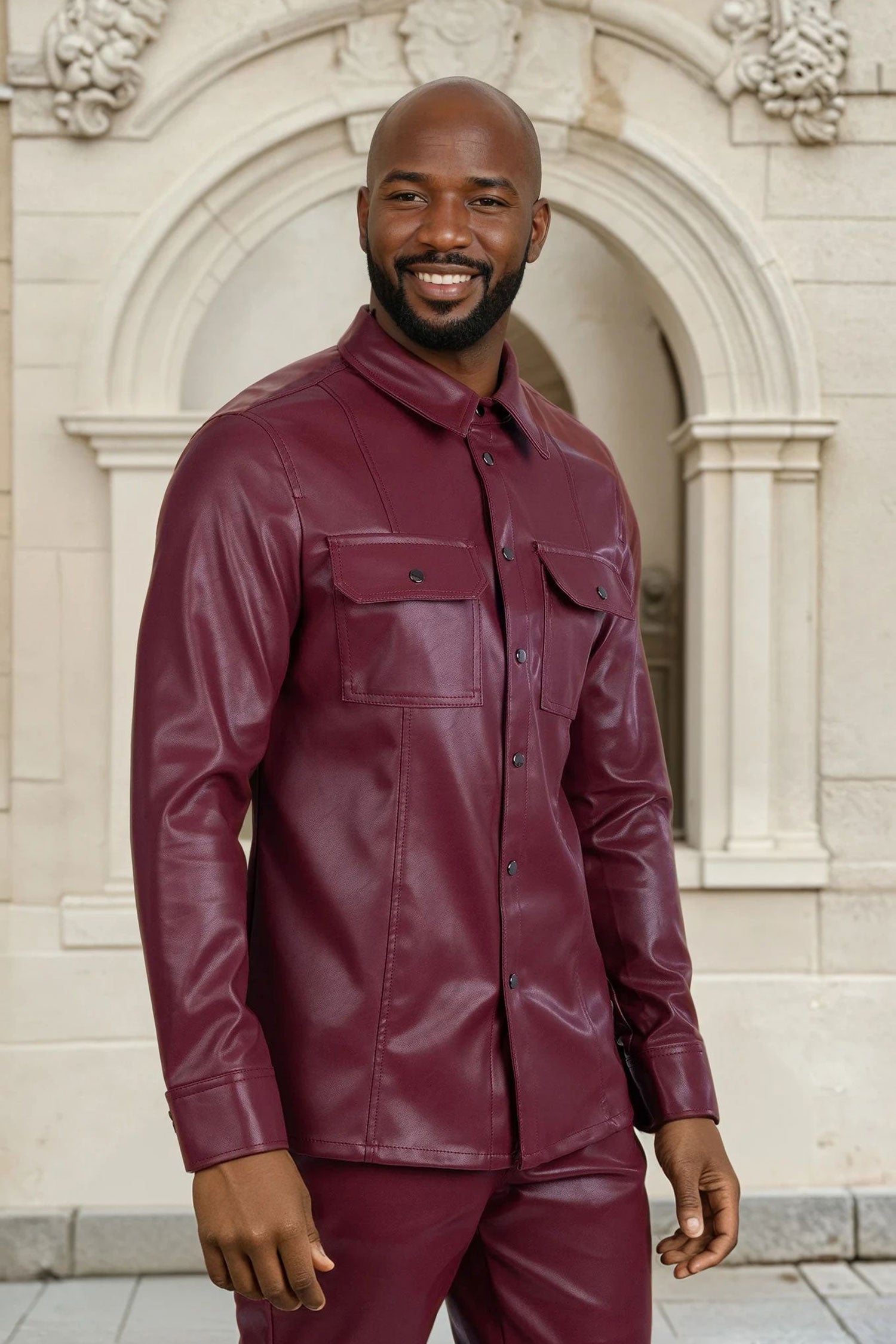 Barabas Men's PU Leather Shiny Stretch Long Sleeve Shirt 4B100 Red
