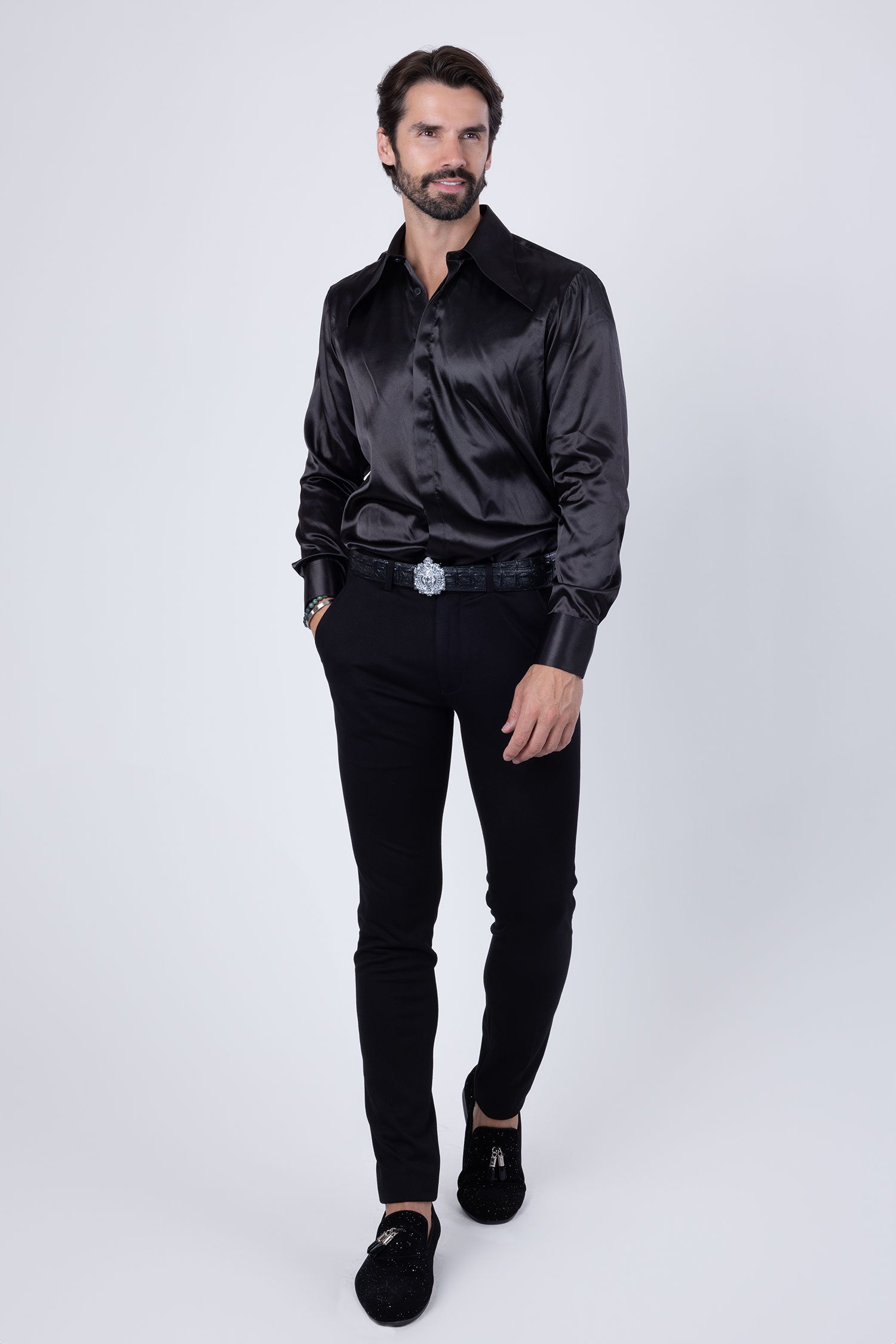 Barabas Men's Spear Point Collar Shiny Long Sleeve Shirt 4B102 Black