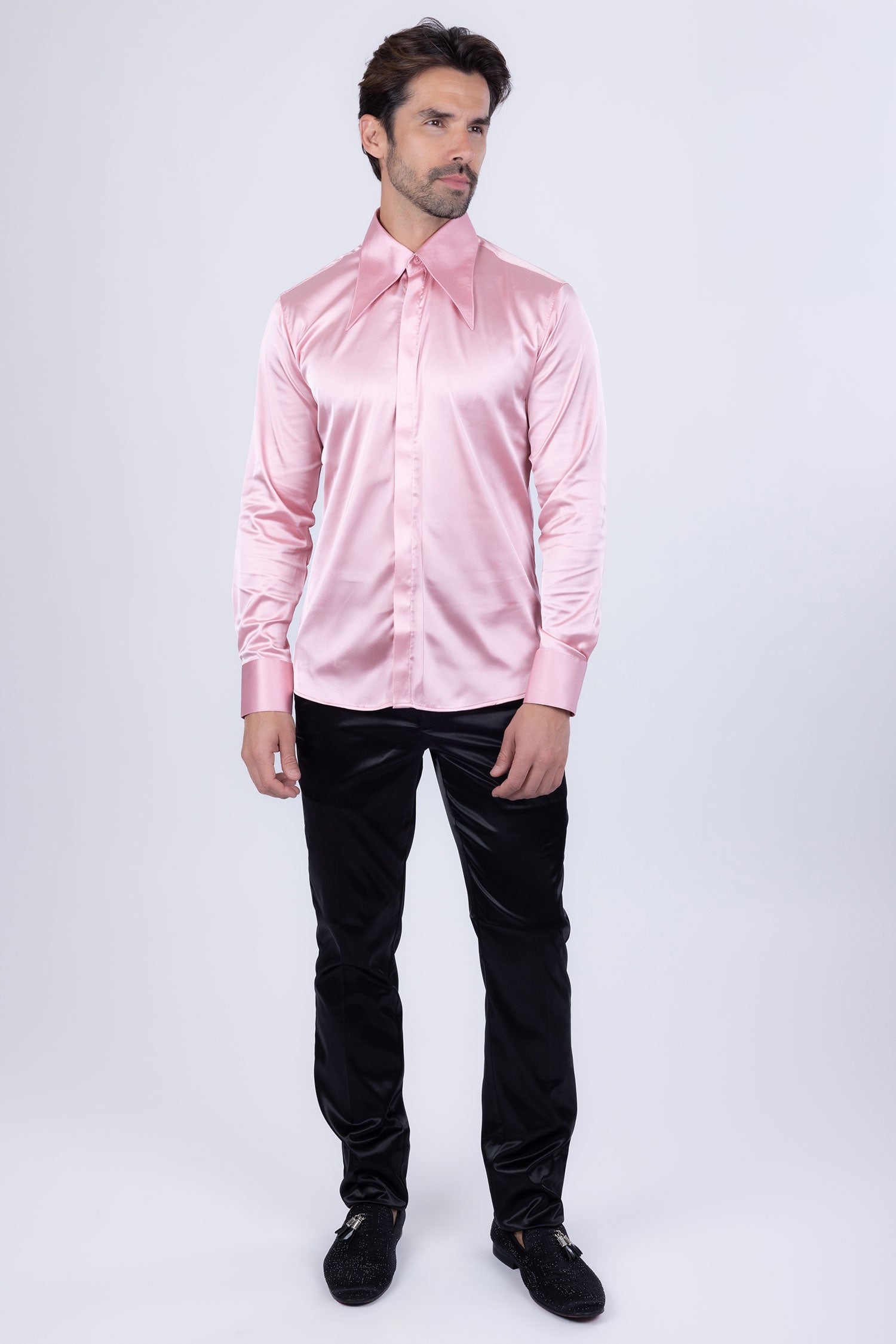 Barabas Men's Spear Point Collar Shiny Long Sleeve Shirt 4B102 Pink