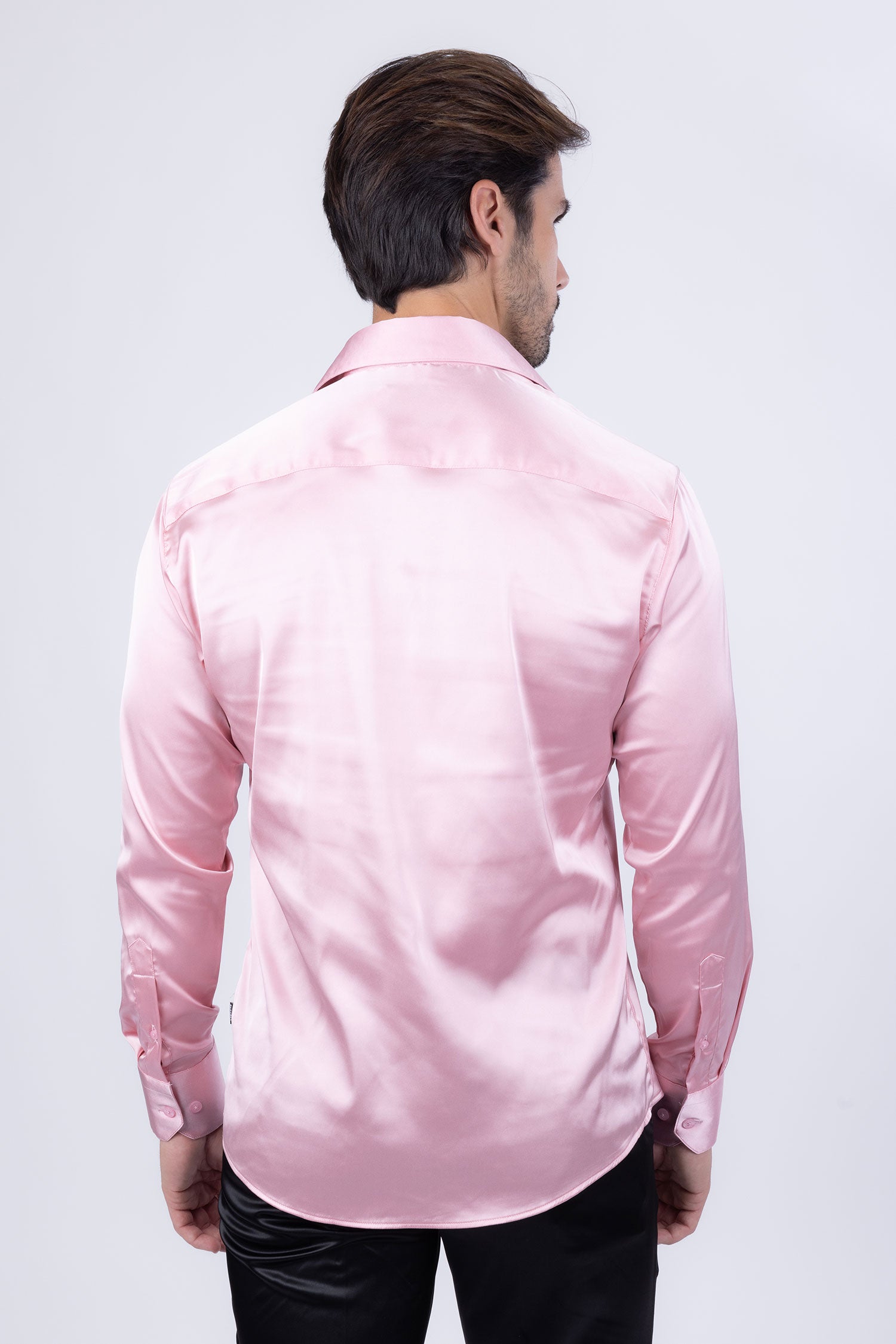 Barabas Men's Spear Point Collar Shiny Long Sleeve Shirt 4B102 Pink