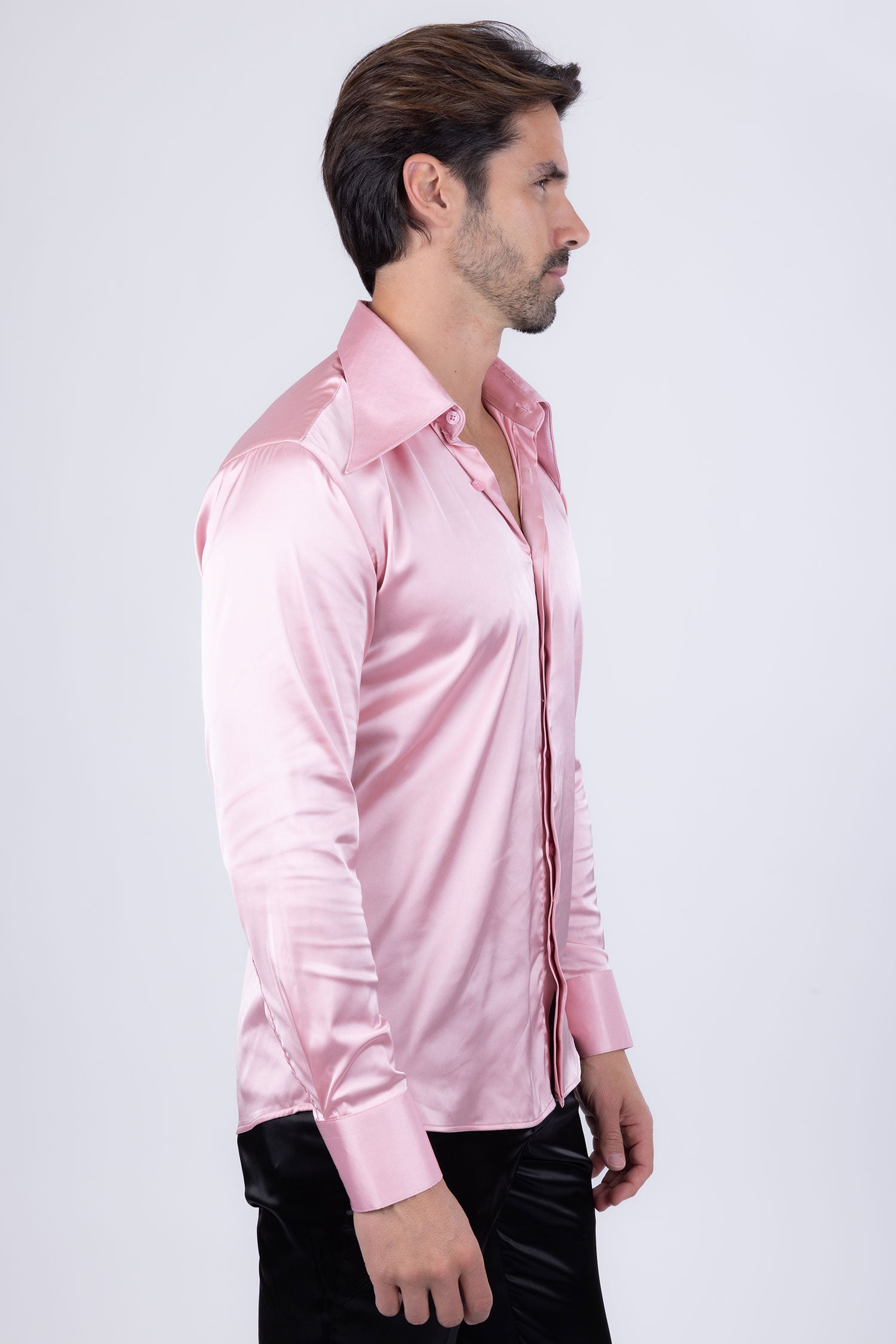 Barabas Men's Spear Point Collar Shiny Long Sleeve Shirt 4B102 Pink