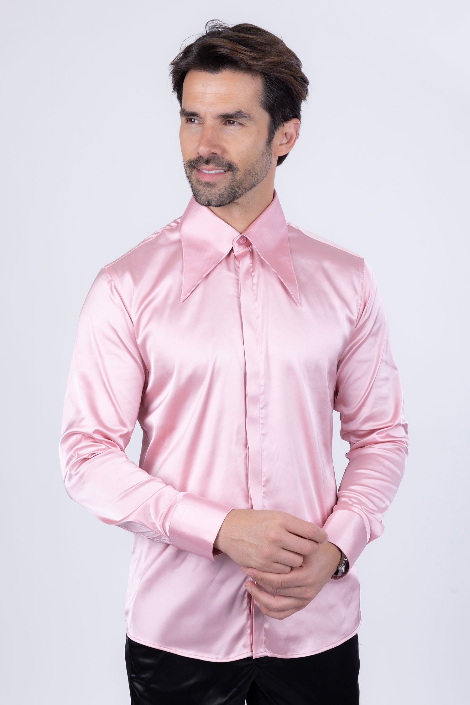 Barabas Men's Spear Point Collar Shiny Long Sleeve Shirt 4B102 Pink