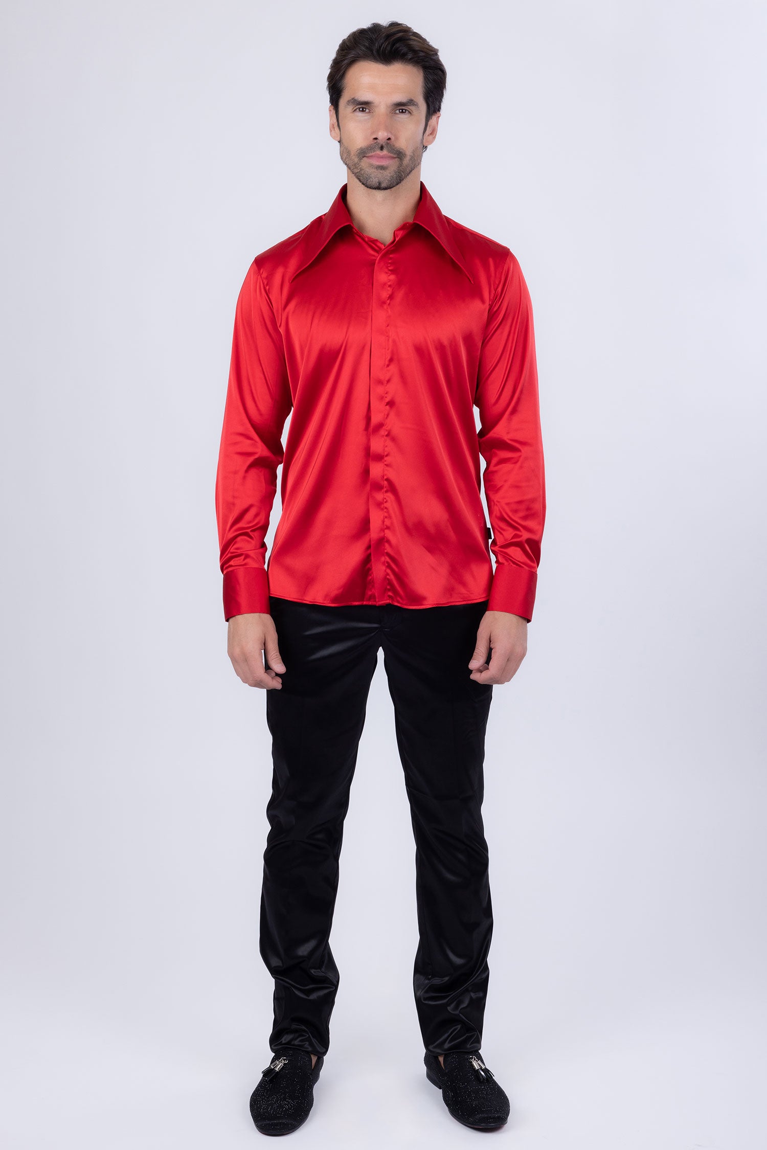 Barabas Men's Spear Point Collar Shiny Long Sleeve Shirt 4B102 Red