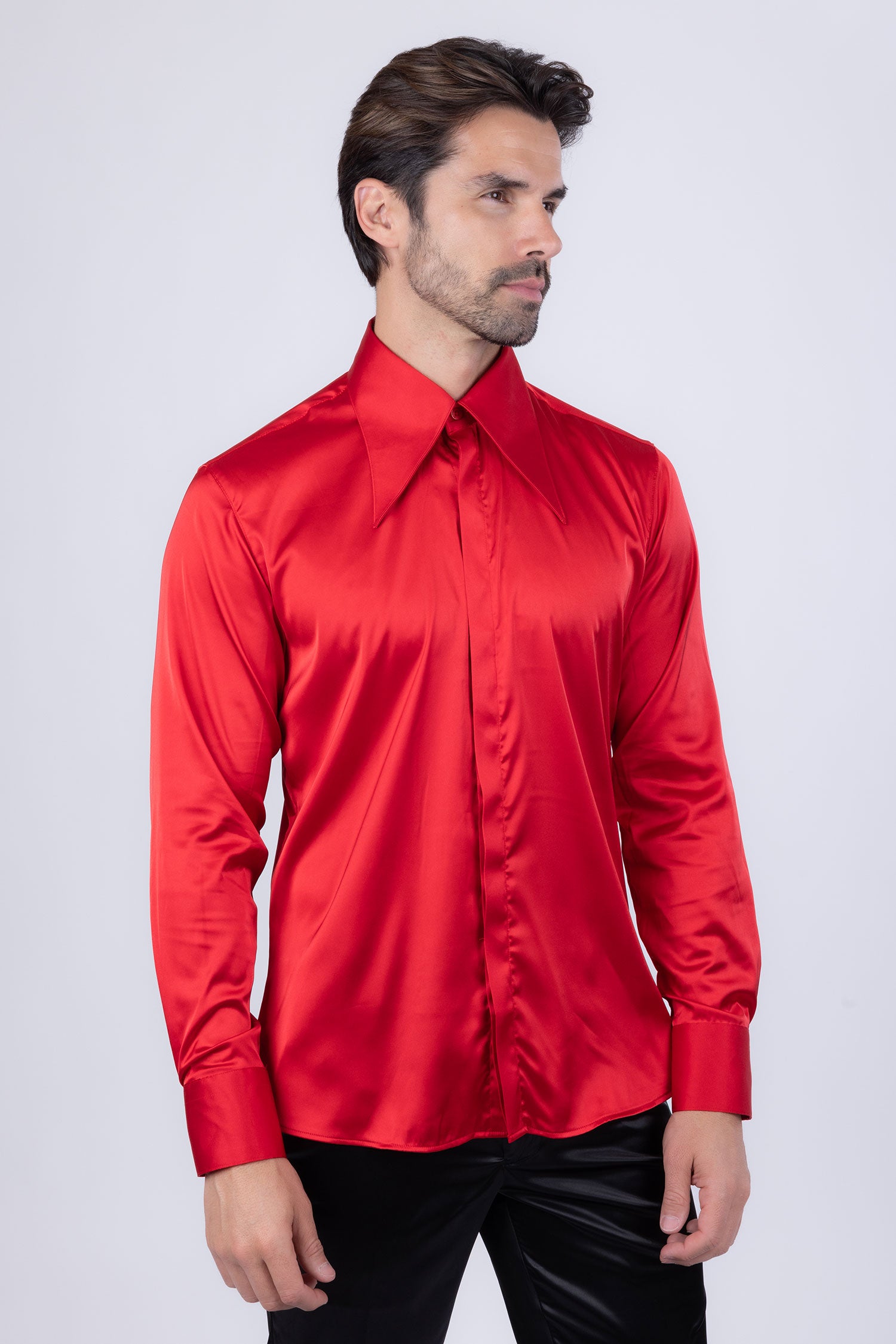 Barabas Men's Spear Point Collar Shiny Long Sleeve Shirt 4B102 Red