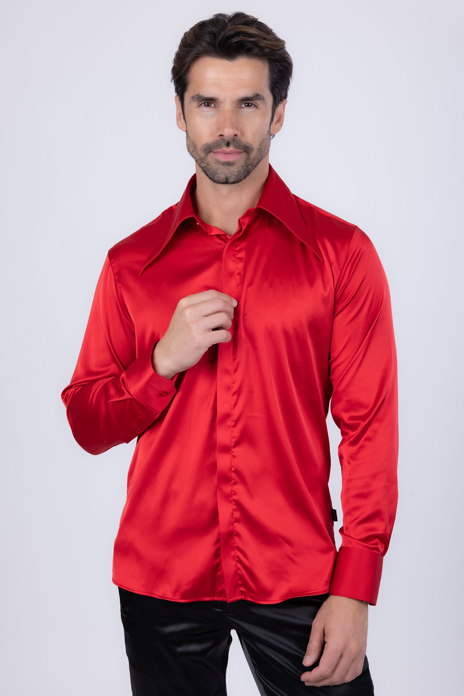 Barabas Men's Spear Point Collar Shiny Long Sleeve Shirt 4B102 Red