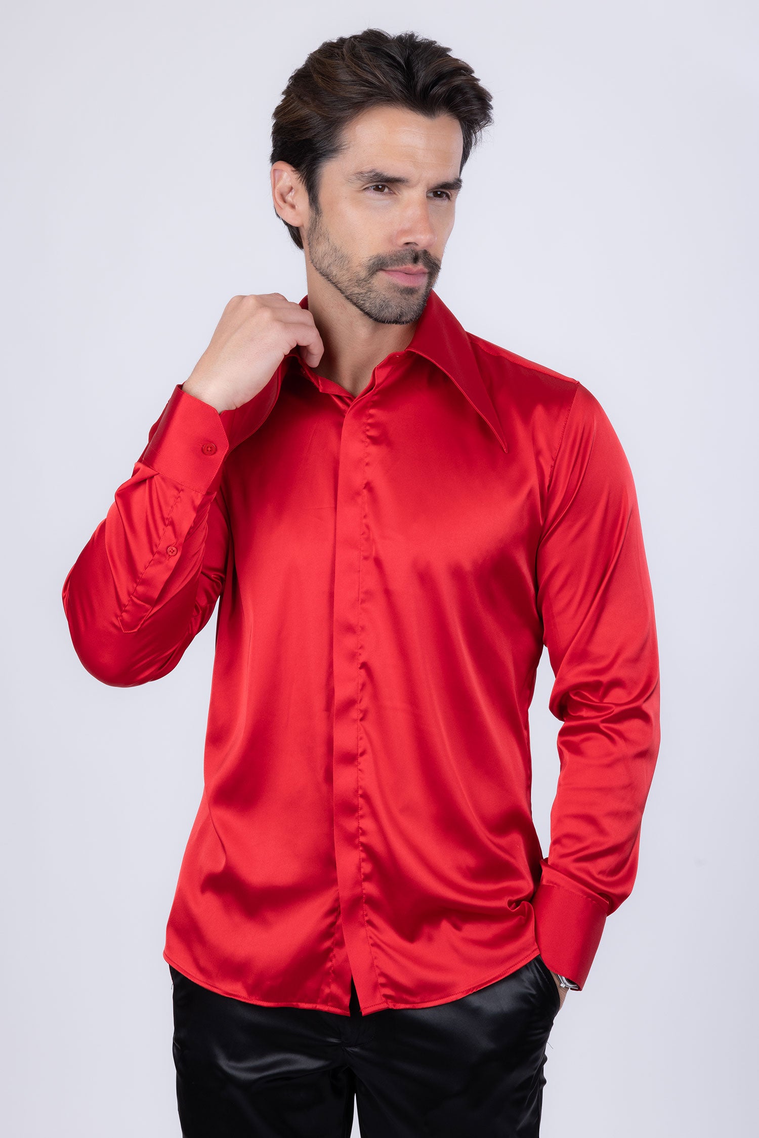 Barabas Men's Spear Point Collar Shiny Long Sleeve Shirt 4B102 Red