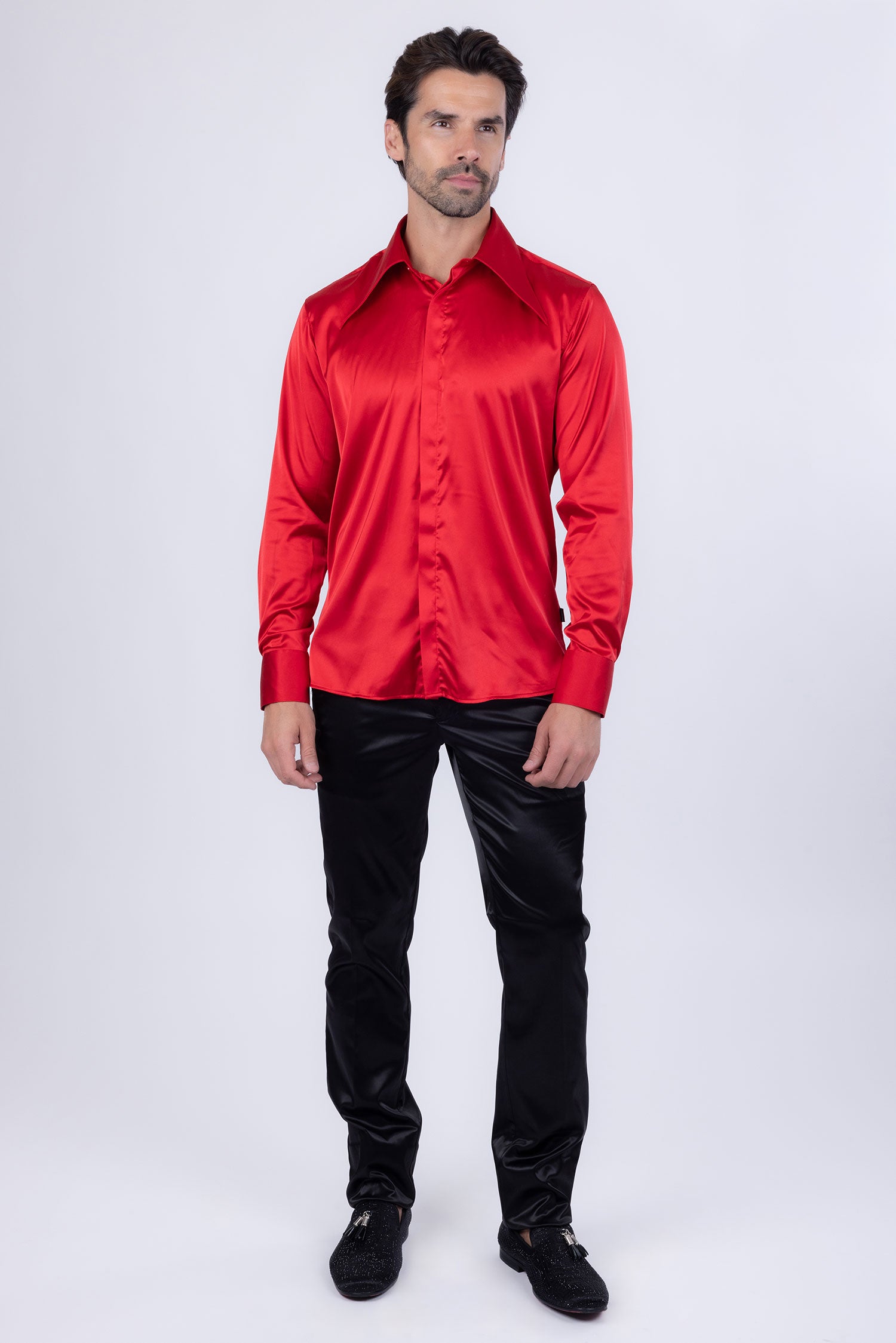 Barabas Men's Spear Point Collar Shiny Long Sleeve Shirt 4B102 Red