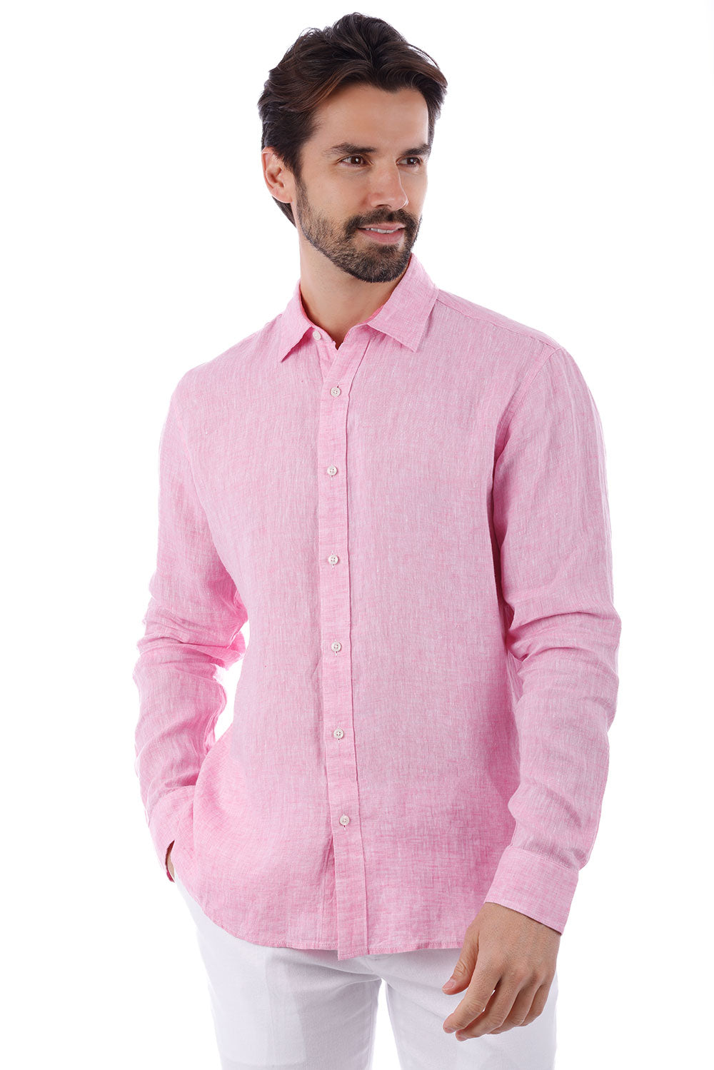 BARABAS Men's Linen Lightweight Button Down Long Sleeve Shirt 4B30 Pink