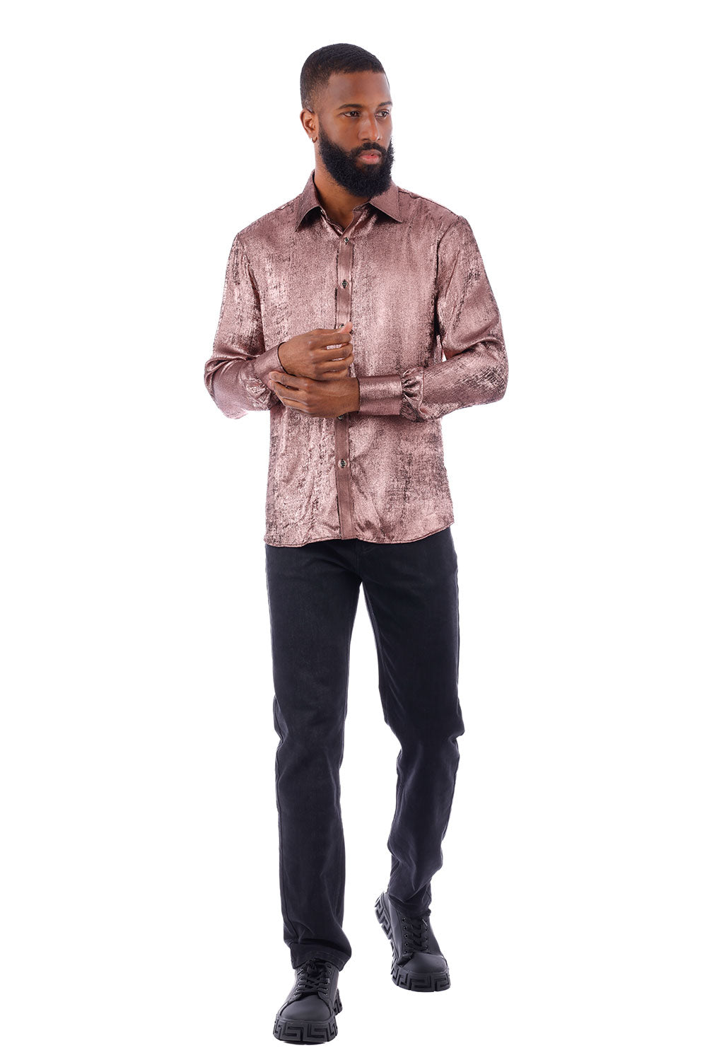 BARABAS Men's Metallic Shiny Button Down Long Sleeve Shirt 4B32 Bronze