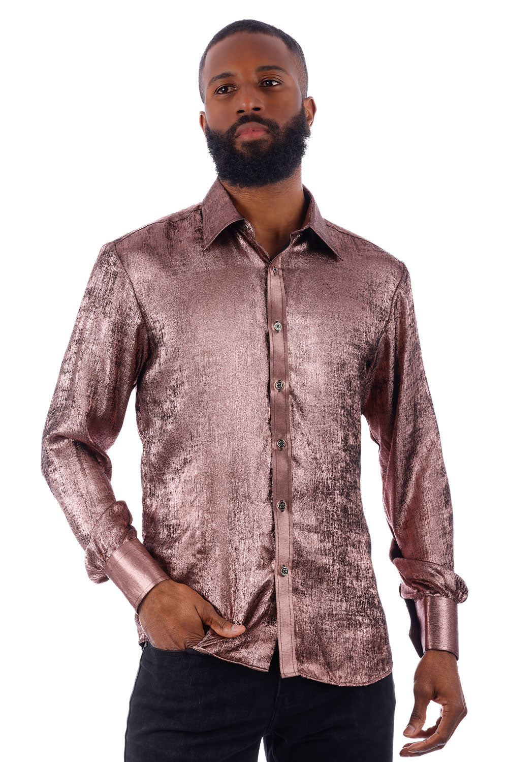 BARABAS Men's Metallic Shiny Button Down Long Sleeve Shirt 4B32 Bronze