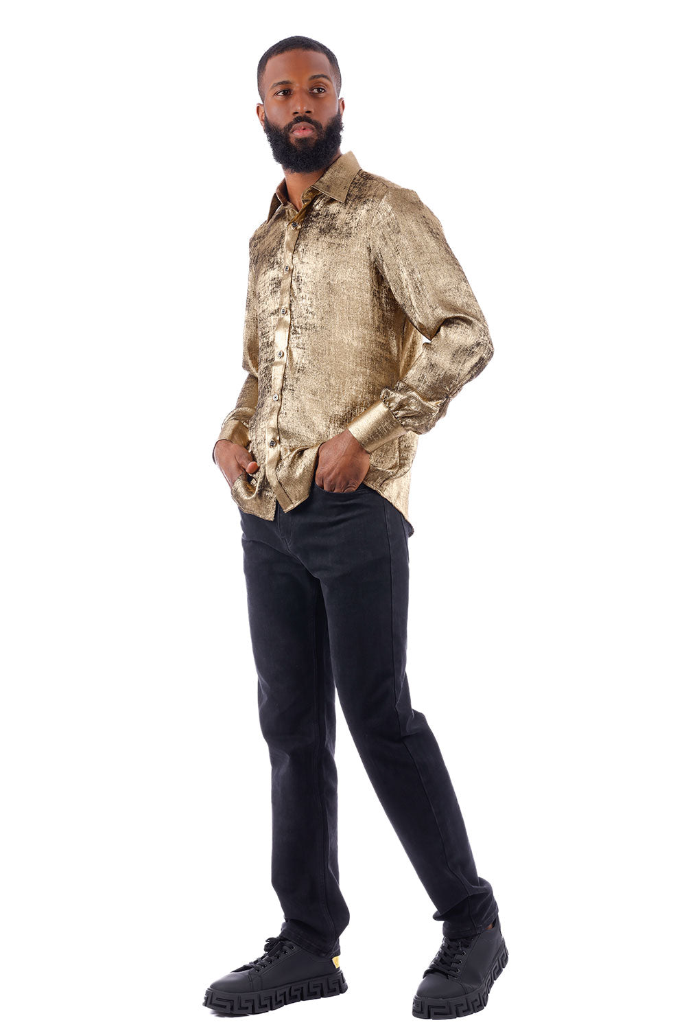 BARABAS Men's Metallic Shiny Button Down Long Sleeve Shirt 4B32 Gold