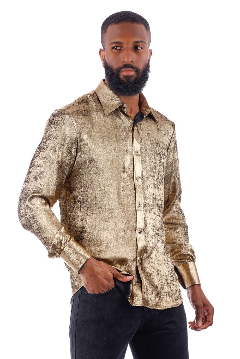 BARABAS Men's Metallic Shiny Button Down Long Sleeve Shirt 4B32 Gold