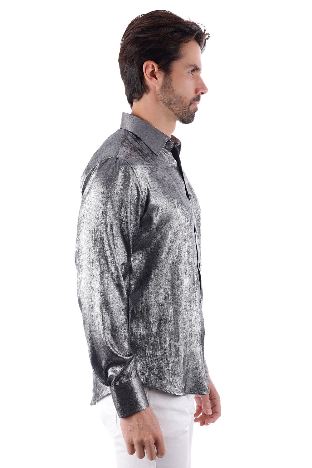 BARABAS Men's Metallic Shiny Button Down Long Sleeve Shirt 4B32 Metallic