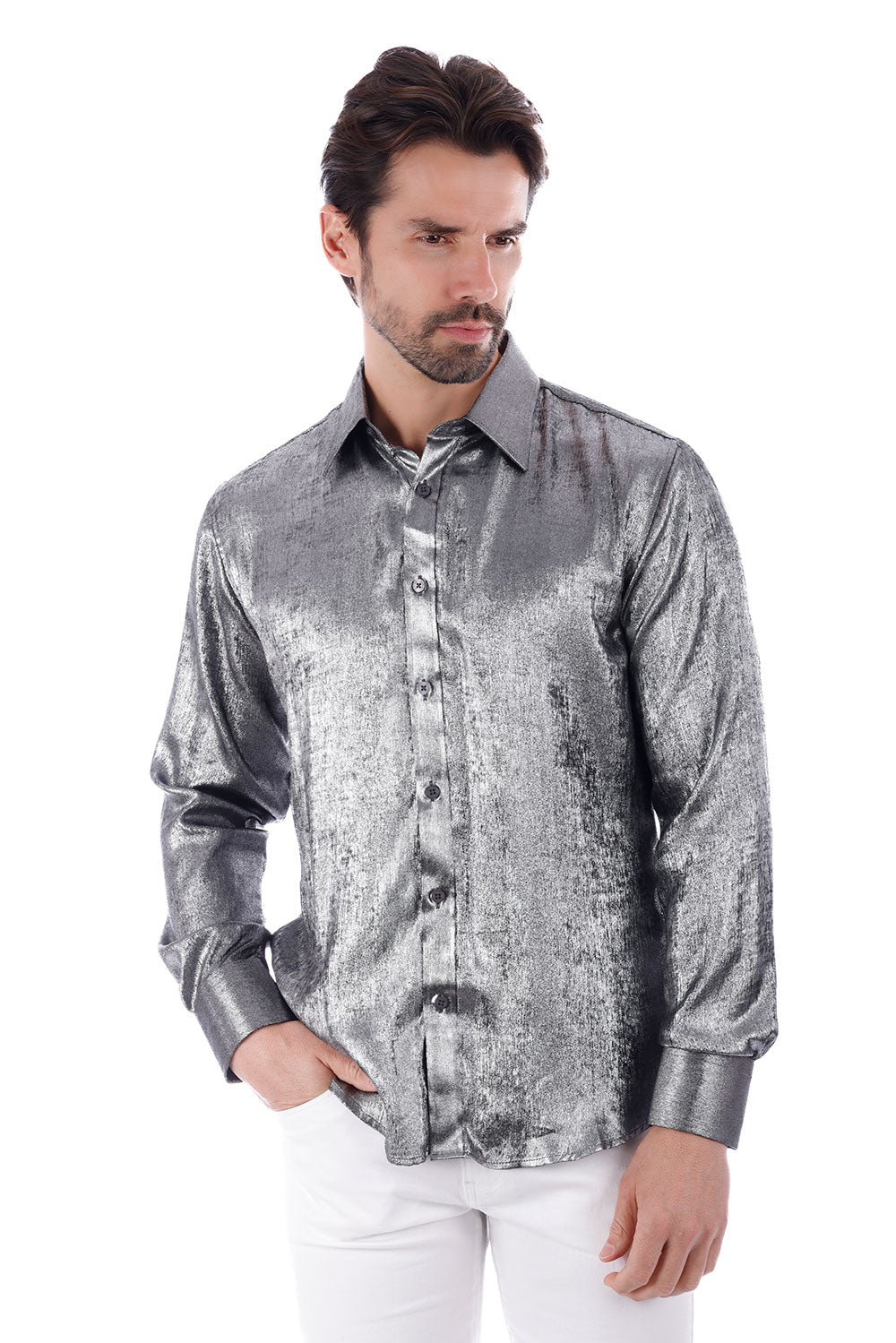 BARABAS Men's Metallic Shiny Button Down Long Sleeve Shirt 4B32 Metallic