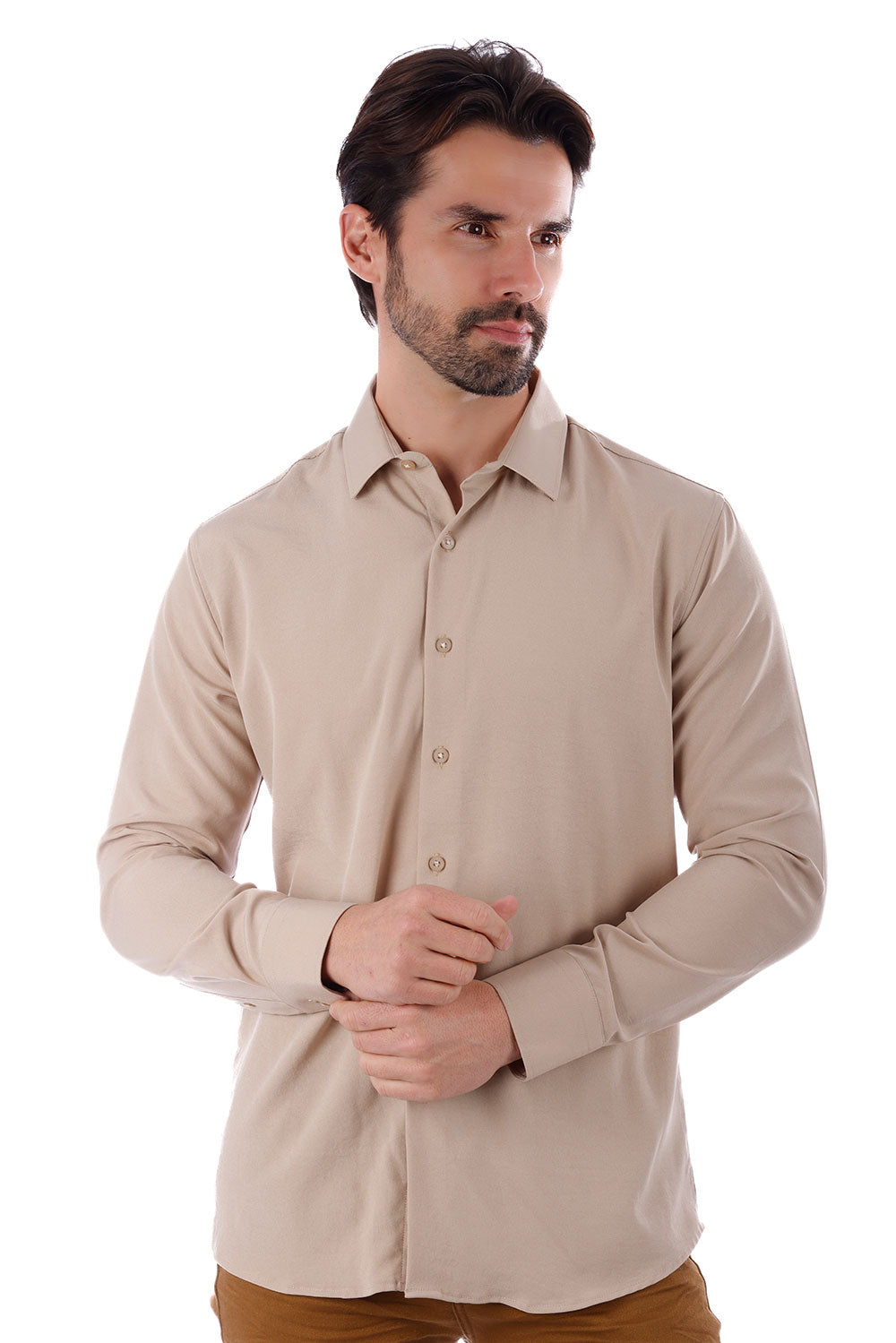 BARABAS Men's Solid Color Casual Button Down Long Sleeve Shirt 4B33 Beige