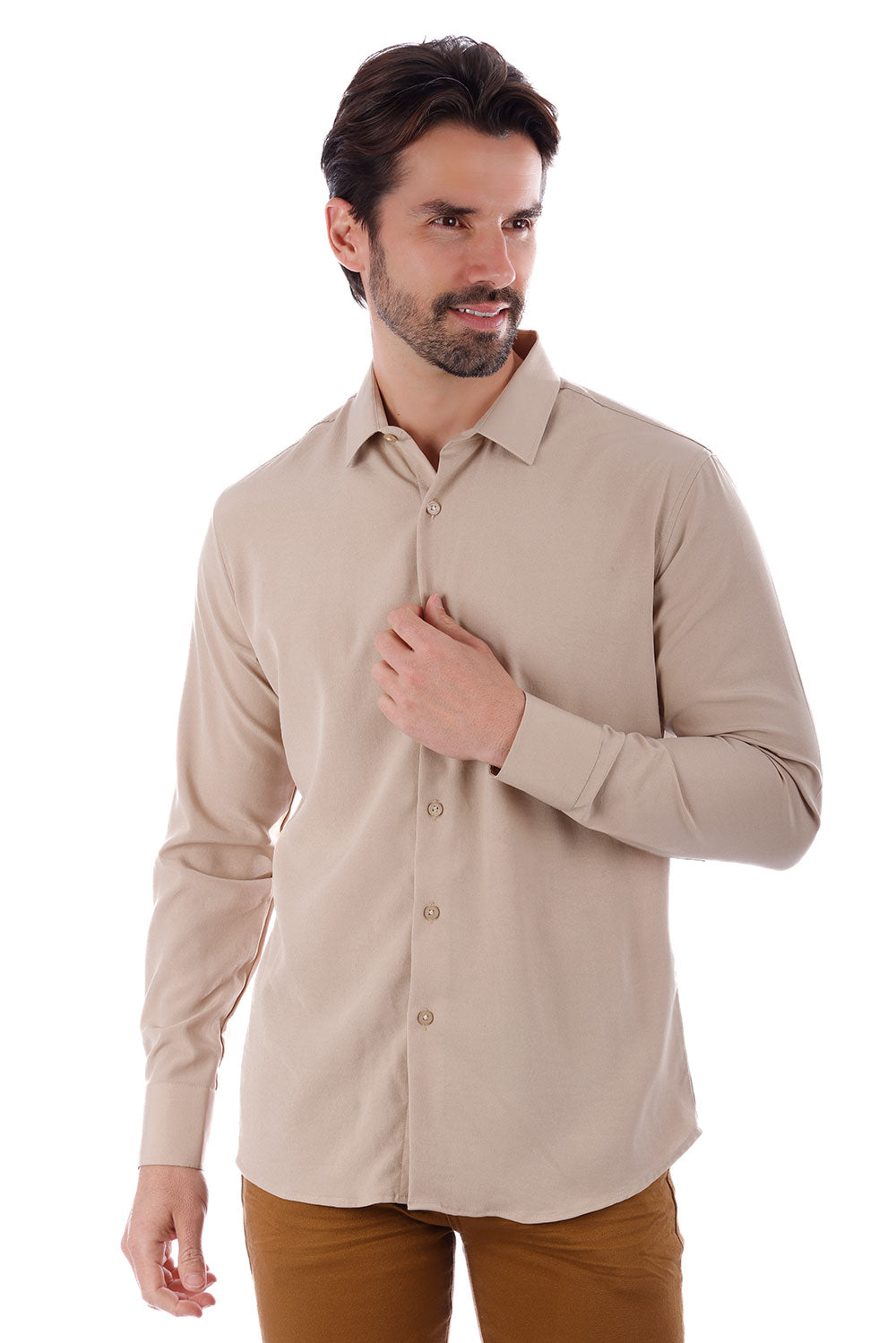 BARABAS Men's Solid Color Casual Button Down Long Sleeve Shirt 4B33 Beige